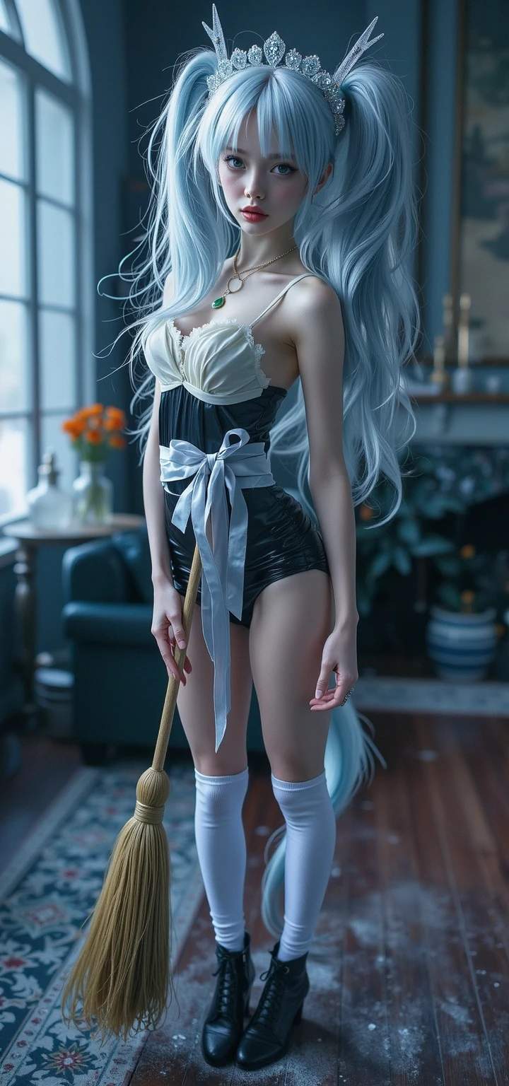 ((masterpiece)), (best quality), (ultra-detailed), photorealistic, (best illustration), ((an extremely delicate and beautiful)), 1girl, solo, long hair, tiger ears, white hair, two-tone hair, facing viewer, sweater, ribbed sweater, barefoot, one leg standing, split, holding one leg, closed eyes, short sleeves, indoors, low twin braids, twin braids, hair ornament, blush, head tilt, drinks, bar, upper teeth, flat chest, young, aged down, happy, collarbone, necklace, drunk