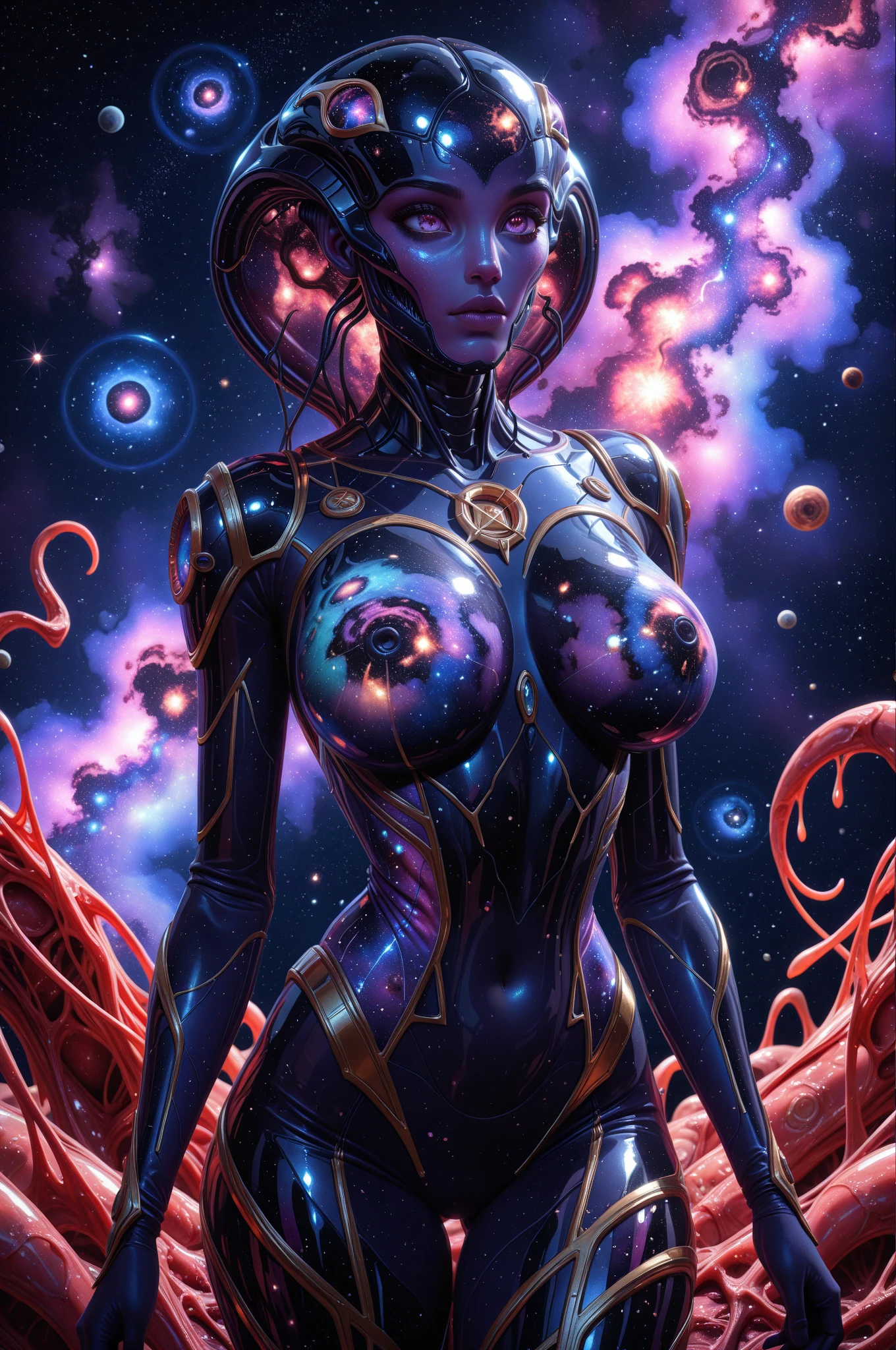Beautiful nude woman with massive breasts. The breasts are not covered by anything. Red full lips. shiny blue stockings with a belt. Very long transparent dress very tight showing breasts nude. (masterpiece, best quality:1.3) YunaFF10, 1girl, solo, heterochromia, Mix of color neon blue green yellow black hair, standing on alien planet in the misery jungle, smiling, sunlight, on the sky we can see planet with rings like Saturn and spaceships of alien formation.