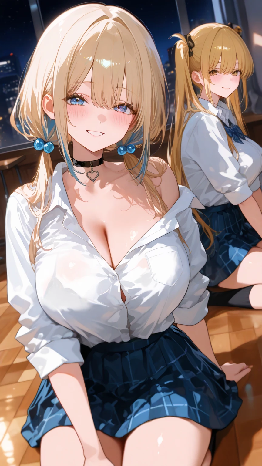 ((highest quality、High resolution、Highly detailed CG Unity 8K wallpaper))、detailed face、perfect body、unparalleled beauty、blonde、beautiful breasts、tits、nipple、spread your legs wide、a sexually excited look、high school girl、、skirt、((She is seducing me by showing me no panties))、((she asks me to have sex))、(Love juice dripping from the vagina)