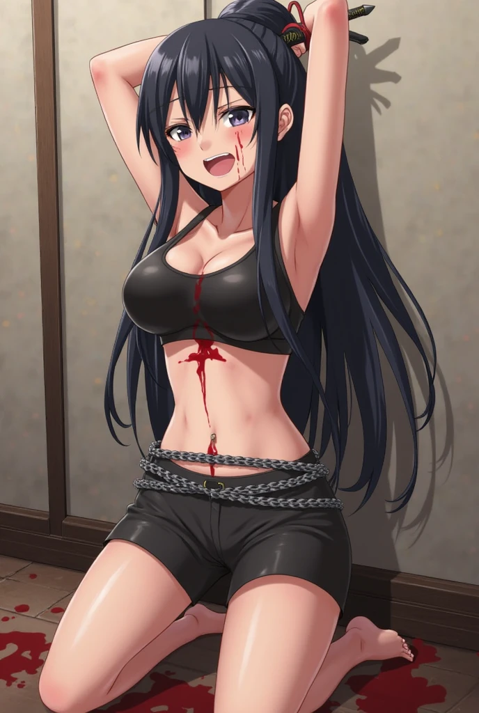 ((collar,leash,tied up,bondage,scared expression)),black hair,red eyes,shorts,top-tank