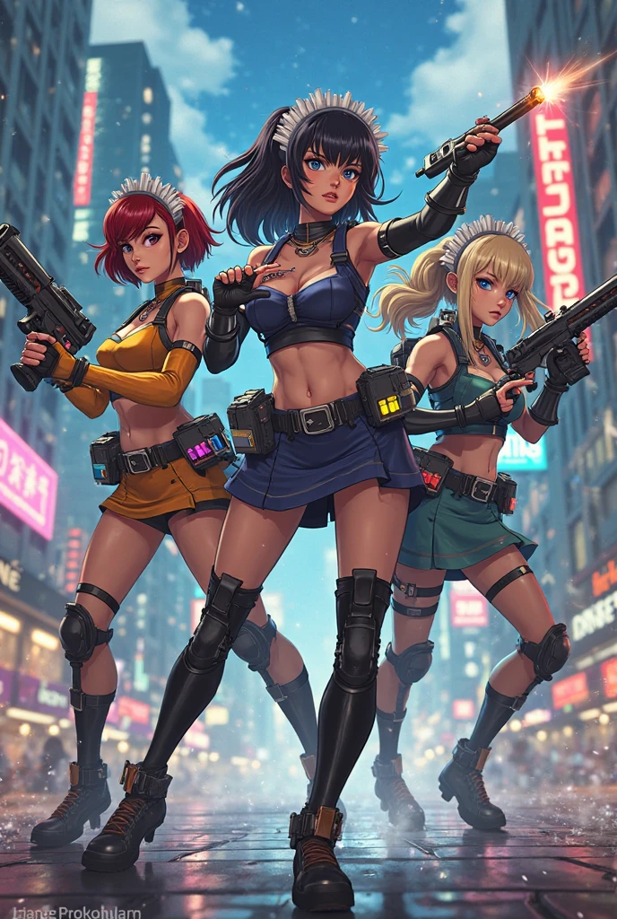 Three Solar punk girls, multiple women, orange green pink white, sexy, big boobs, short curly hair, intricate outfits, overgrown mall