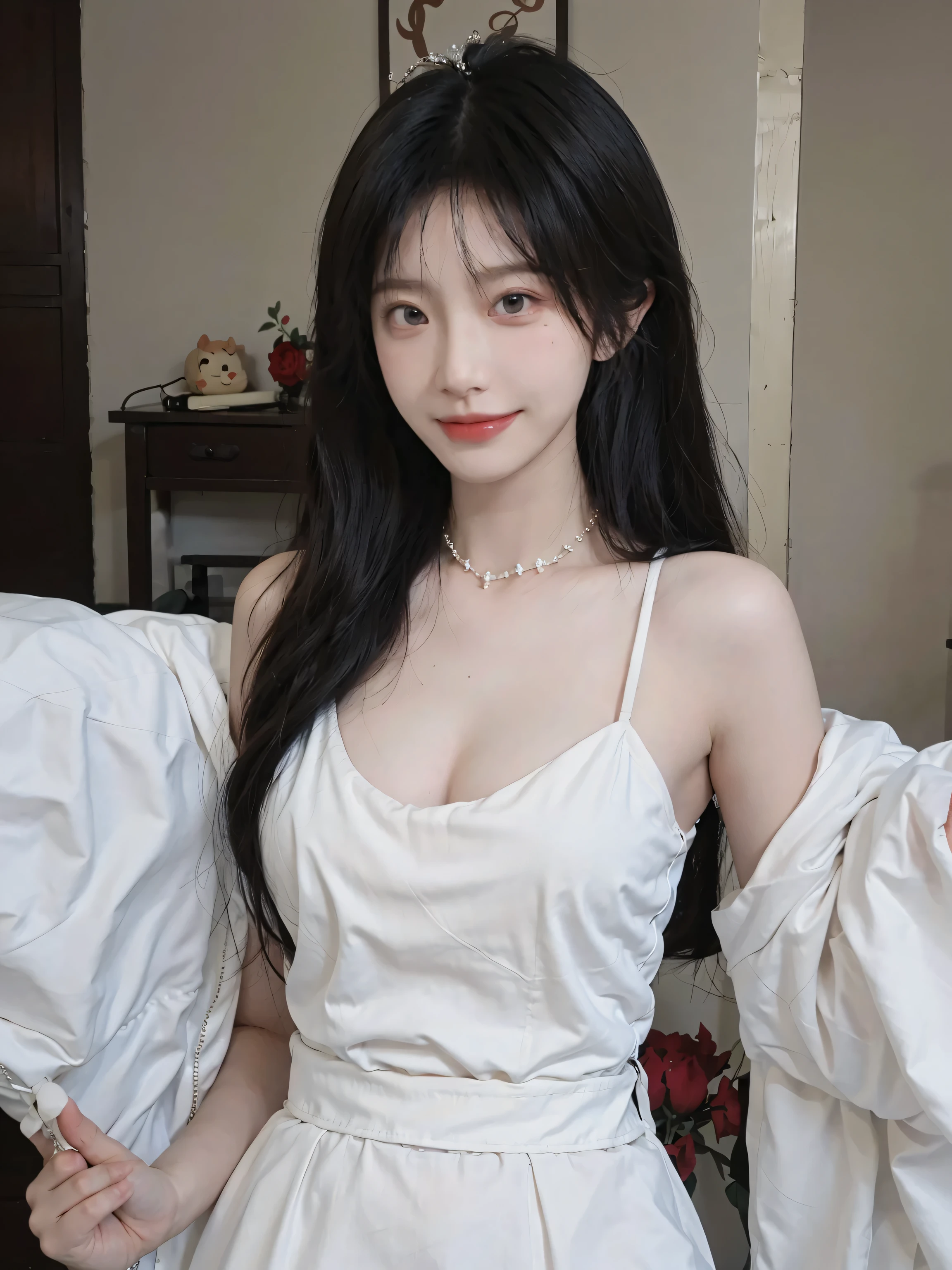 Portrait photography，1 girl，veil，Floor length wedding dress，Wedding dress background，（whole body：1.4），Exposed breasts，(Big breasts:1.4)，(Realistic and detailed eyes，Natural skin texture，Realistic facial details)，