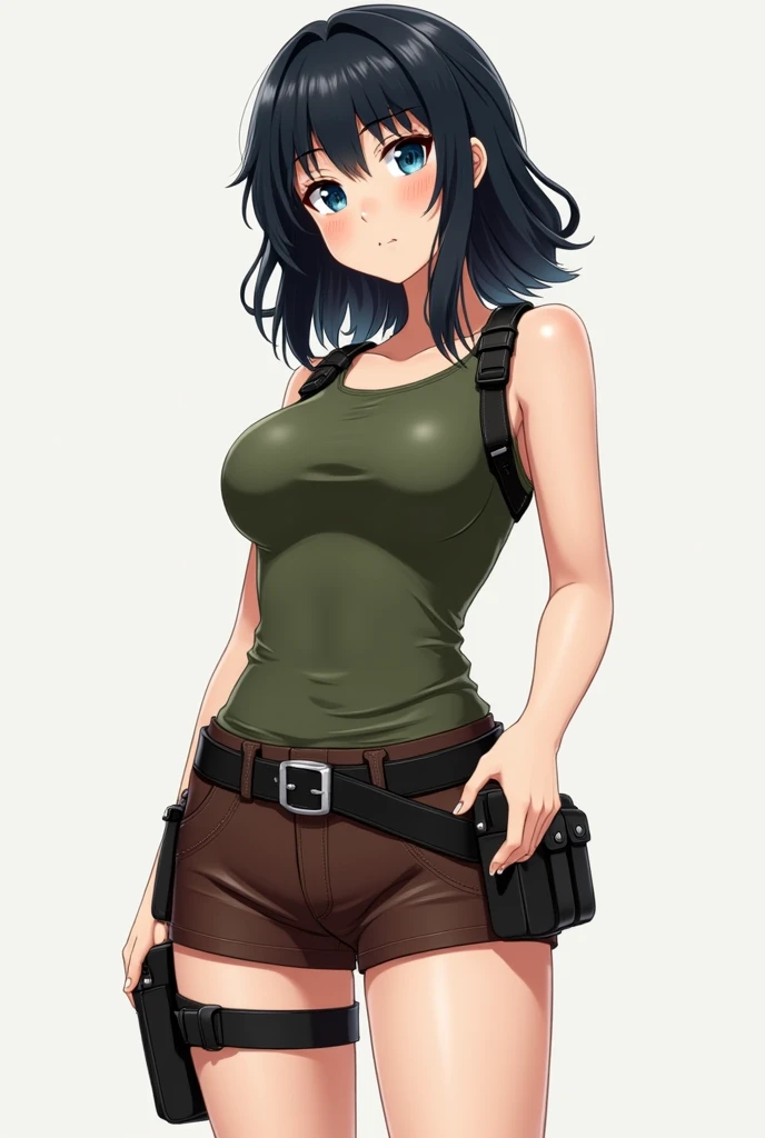 An image of a busty female soldier, dua lipa, pixy cut hair, gorgeous, (cleavage), camo vest, hotpants, jungle, (detailed skin complexion:1.2), best quality, vivid color, rtx shading effect, ambient occlusion, highly detailed textures