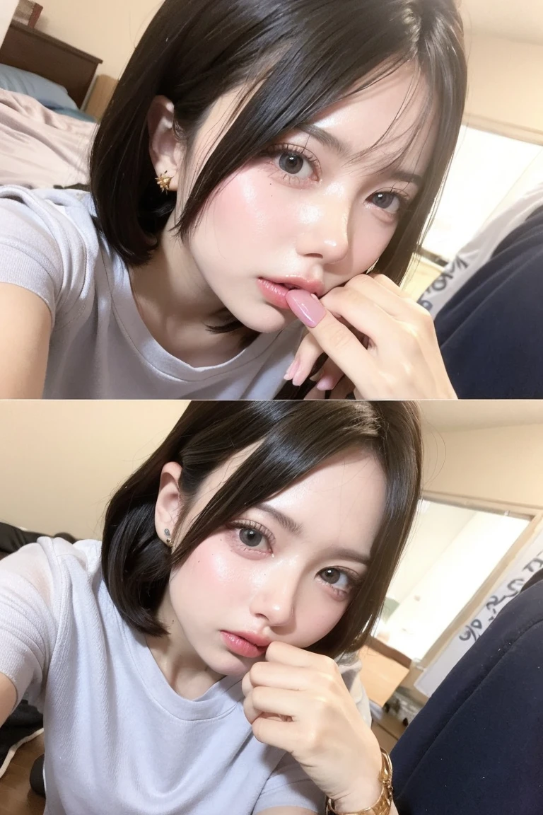 1boy,Hands to shoot、POV, Hold up your smartphone screen、Girl on smartphone screen、Smartphone screen in front of the screen、Smartphone Focus、1girll、Girl in the back、Blonde Gal、Fancy makeup、Shiny pink bed、