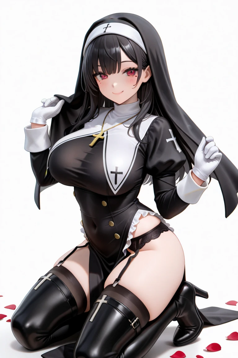 figure, nun, sexy pose, big breasts, curvy, smile, bob haircut, lace lingerie
