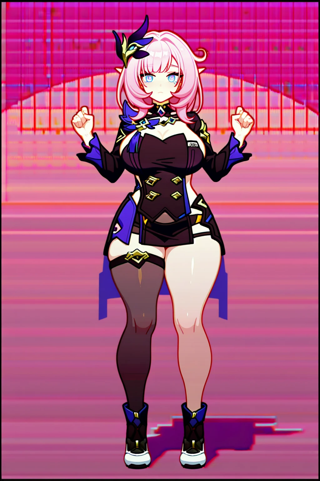 a girl in full body, standing against the wall, with a provocative smile, her hair color is ((pink with purple highlights)), her body is sensual and provocative, you can see her ((marked nipples)), she is wearing a ((micro bikini)) fitted to her purple body. with a small logo of a skull, her eyes are pink, short hair, pupils with a heart inside, behind her you can see a
((graffiti)) on the wall that says ((grim reaper for gaming)) masterpiece, ((big chest)), ((big butt)), in an ultra detailed suggestive pose, ultra detailed face, 8k, ultra quality sexy, big breasts