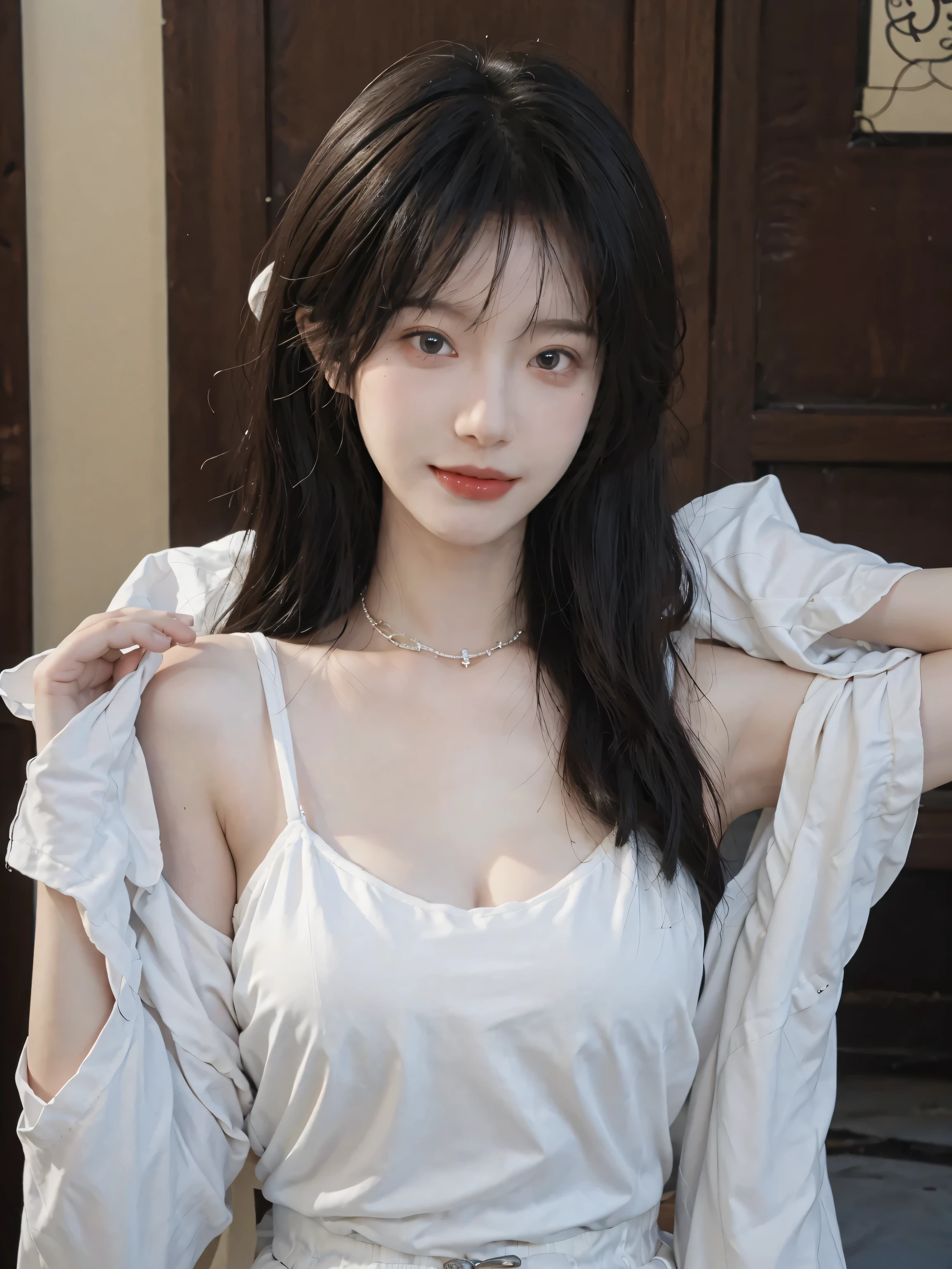 best quality， ultra high resolution， （realistically：1.4），cute hairpin，Baoyu Girl，Standing in the wedding hall，Fairy spirit fluttering，（flat chest：1.2） ，A pair of clear and charming peach blossom eyes,Royal sister，The sun shines on the face，Big wavy hairstyle，（necklace：1.2），（White skin：1.4），a sense of atmosphere，a beautiful girl，Looking directly at the viewer， Close-up cleavage ，(lifelike:1.4),1 girl,Sexy,(Upper body:1.4),(wet),(:1.2)