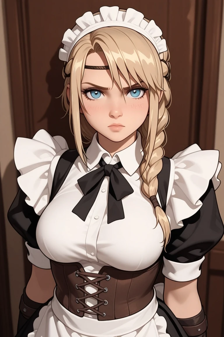 (masterpiece,best quality,absurdres,beautiful,sharp,detailed),1girl,epfejade,long hair,ponytail,maid outfit,maid headdress,frown,furrowed brow,full-face blush <lora:EPfeJade:0.8>