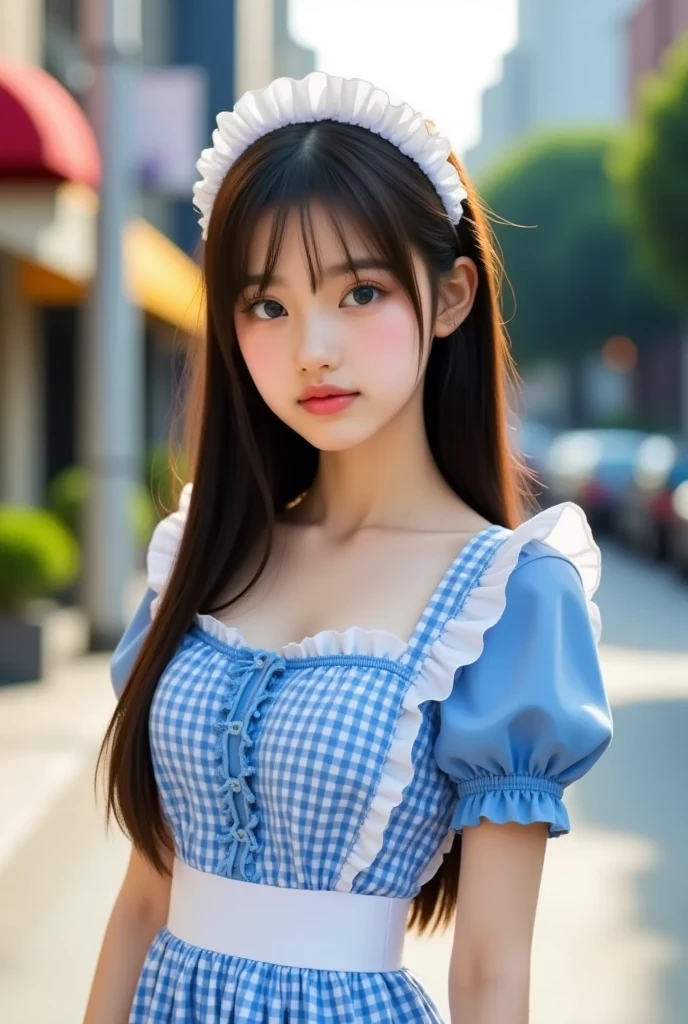 ( 1 woman),smile、Look into the camera、diamond necklace、braided hair (Open-chested maid cafe outfit:1.1)、The material is smooth and flexible...、revealing upper arms、Blue-green striped knee-length socks Extra long double tail feathers、close range shooting、Flower Hair Ornaments、Close your eyes.、Garter、 Masterpiece, Highest quality, 8ก, beautiful girl, young face、 photography, Cute face, thigh,Living in the grass、รอยsmile、small waist, blue eyes(((The chest is erect...)))(((round chest)))(((big breasts:1.0)))