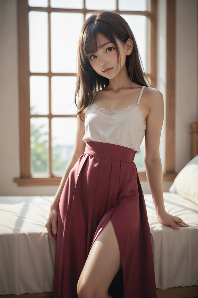 the Extremely Detailed CG Unity 8K Wallpapers、top-quality、ultra-detailliert、masterpiece、realisitic、Photo Real、extremely detailed cute girl、20yr old、(skirt rift)、(skirt lift by yourself))、white panties、panties focus、red blush、cparted lips、looking at the viewers、Semi-body shot、Wearing a ruffled shirt
