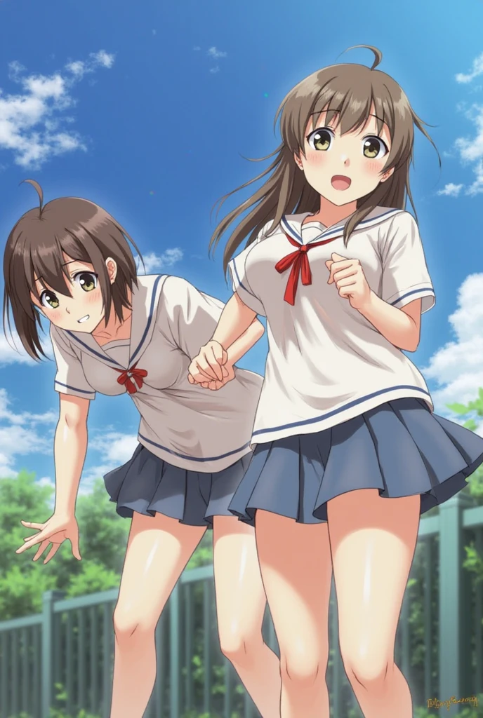 Highest quality, Ultra-high resolution, (Realistic: )2D official style cel animation,((Two girls from Mitsuboshi Colors sit side by side))mini skirt,Summer Shirts,(Pink Panties、White panties、Lace panties),loose socks,sneakers,Full body portrait,(From below),Station stairs,sunny,Quite embarrassing,blush,Leg spread