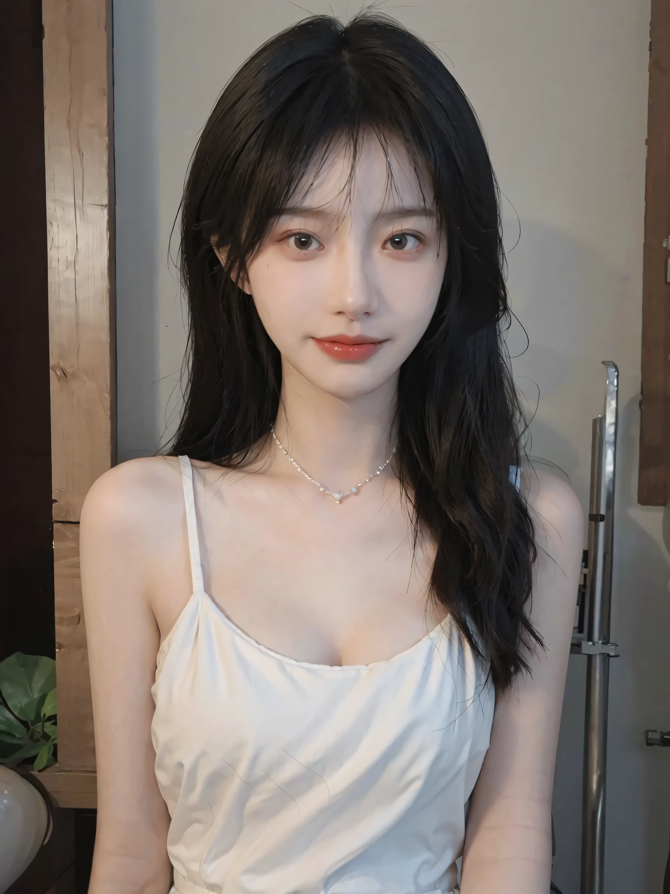best qualtiy, Ultra-high resolution, (realisticlying:1.4),cute hairpin,1girll,Cropped black sweater ,head straight-looking at viewer,Full of atmosphere,Beautiful woman with a slim figure:1.4, abs:1.1, bathroom,Ultra-fine face,Elaborate Eyes,double eyelid,choker necklace