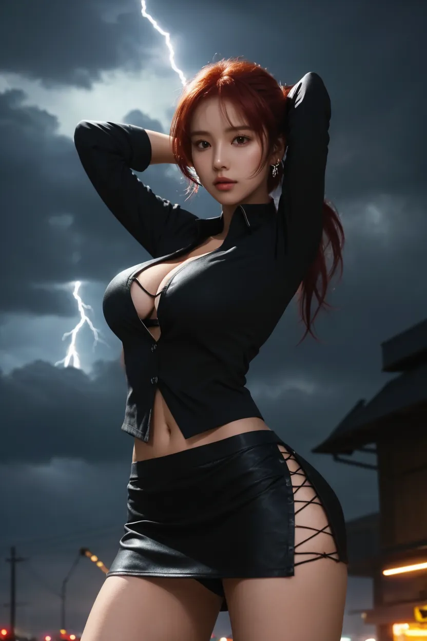 (Best Quality,4K,8K,hight resolution,masutepiece:1.2),Ultra-detailed,(Realistic,Photorealistic,Photorealsitic:1.37),Portraits,beautifull detailed face,Beautiful eyes,Beautiful lips,Tall Girl,Curly hair,big legs,Big Bust,Torn clothes,labo,scientific fiction,fire,Manteau blanc,Dark lighting,Vivid colors、(FULL BODYSHOT)、
