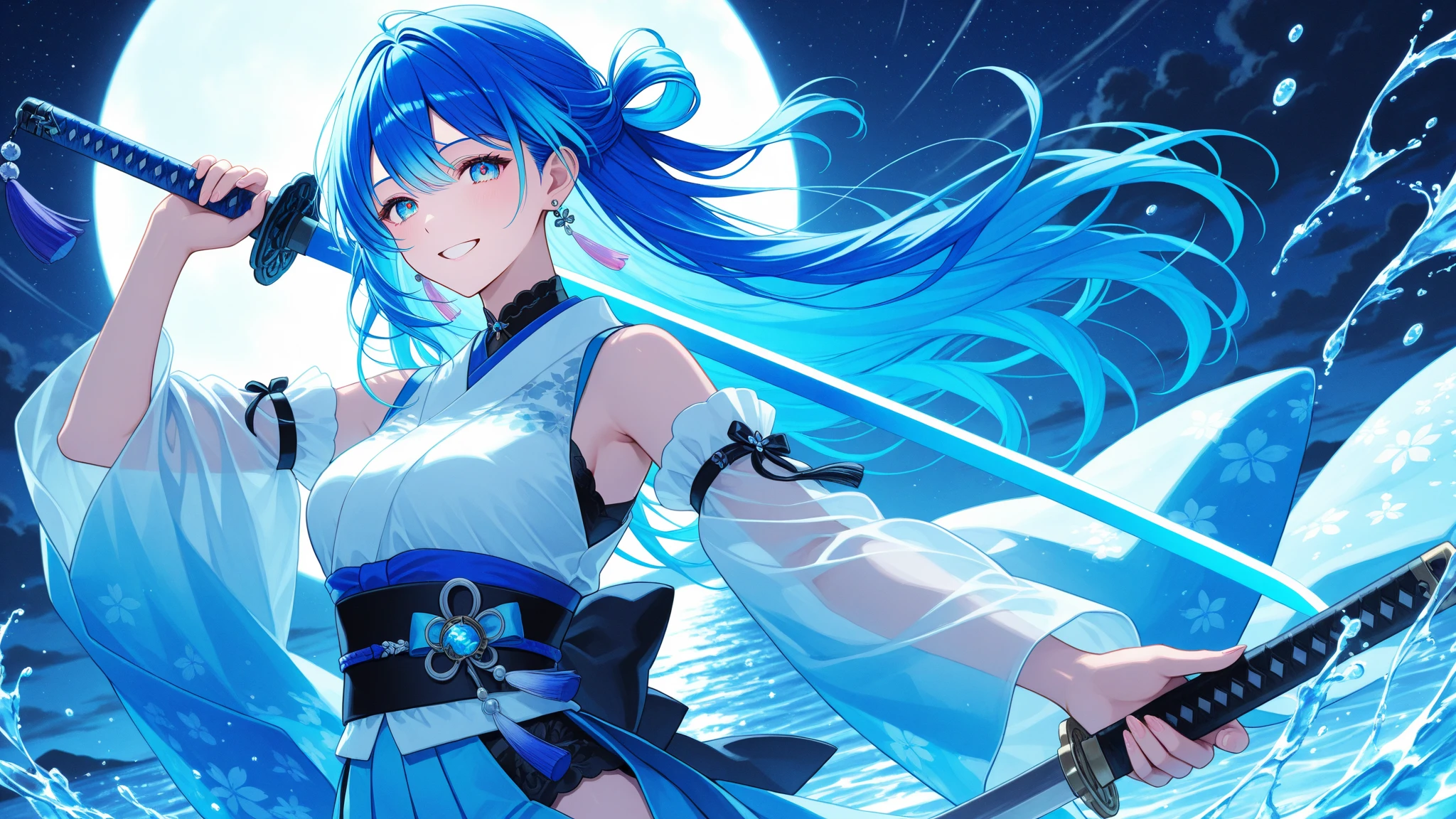 best image quality、highest quality、8K、upper body、school uniform、thighs、long sleeve、light blue hair、bob hair、blue eyes、swimsuit、I can see your belly button、I can see your stomach、lake at night、fantastic moon、chest、smile、綺麗なchest