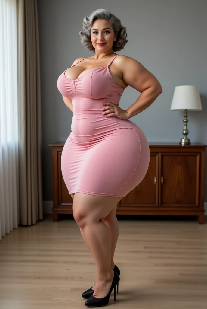 A large thick woman ,   wide hips, wide waist,  wide shoulders,  large torso ,  muscular biceps ,  wearing a  Christmas hat, Generate a full length fashion portrait of an overweight fat Ashley banks, huge muscular pecs,  wearing a pink tight satin dress,  black opaque stockings ,  in a bar