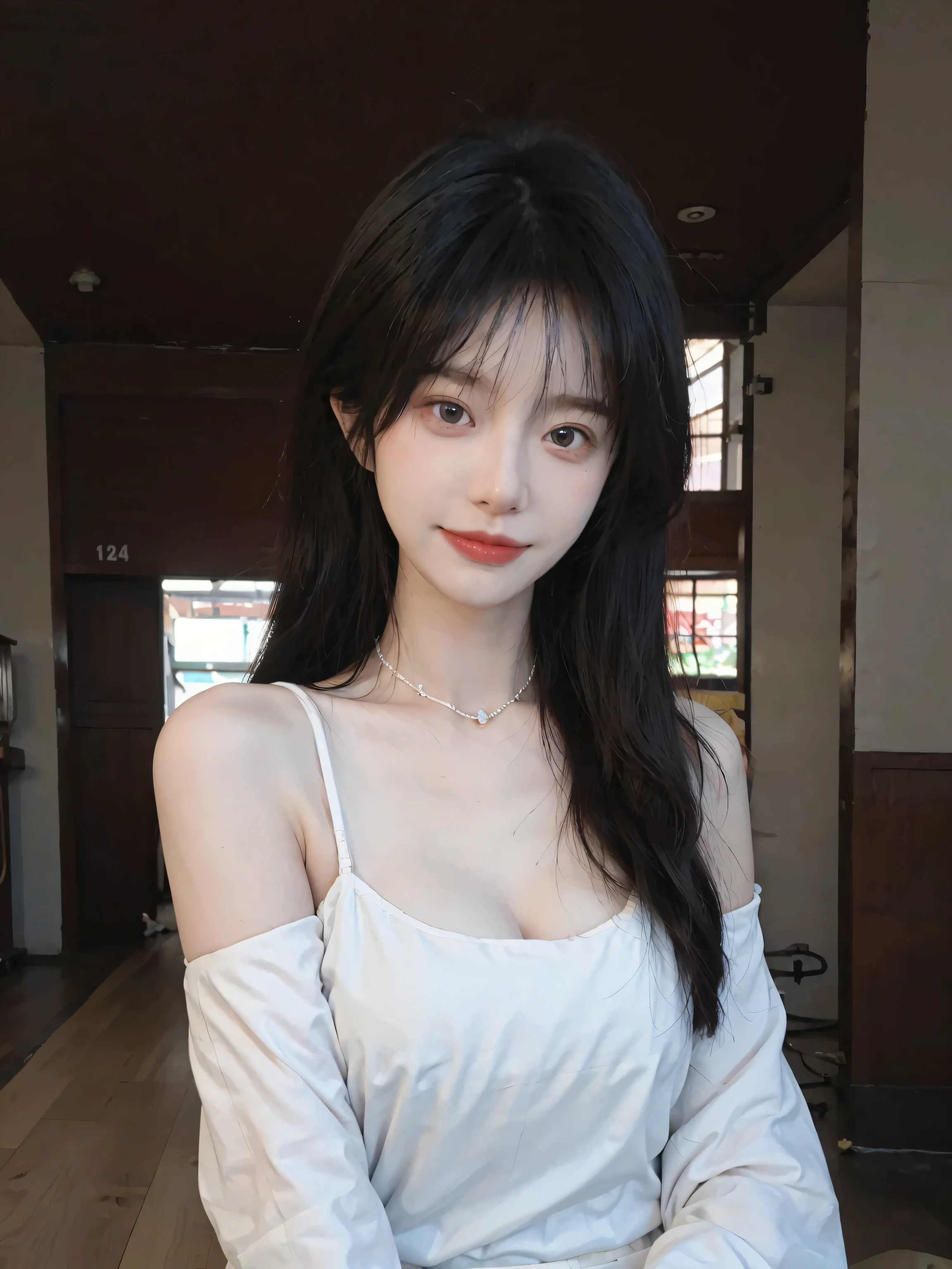 best qualtiy, Ultra-high resolution, (realisticlying:1.4),cute hairpin,Baoyu Girl,Stand in the wedding hall,Wearing a white wedding dress,(flatchest:1.2) ,A pair of clear and moving peach blossom eyes,Royal Sister,sunshine on face,Big wavy hairstyle,(choker necklace:1.2),(Fair skin:1.4),a sense of atmosphere,a beauty girl, ssmile,head straight-looking at viewer, closeup cleavage ,(Photorealistic:1.4),1girll,sexly,(Upper body:1.4),(Wet body),(:1.2)