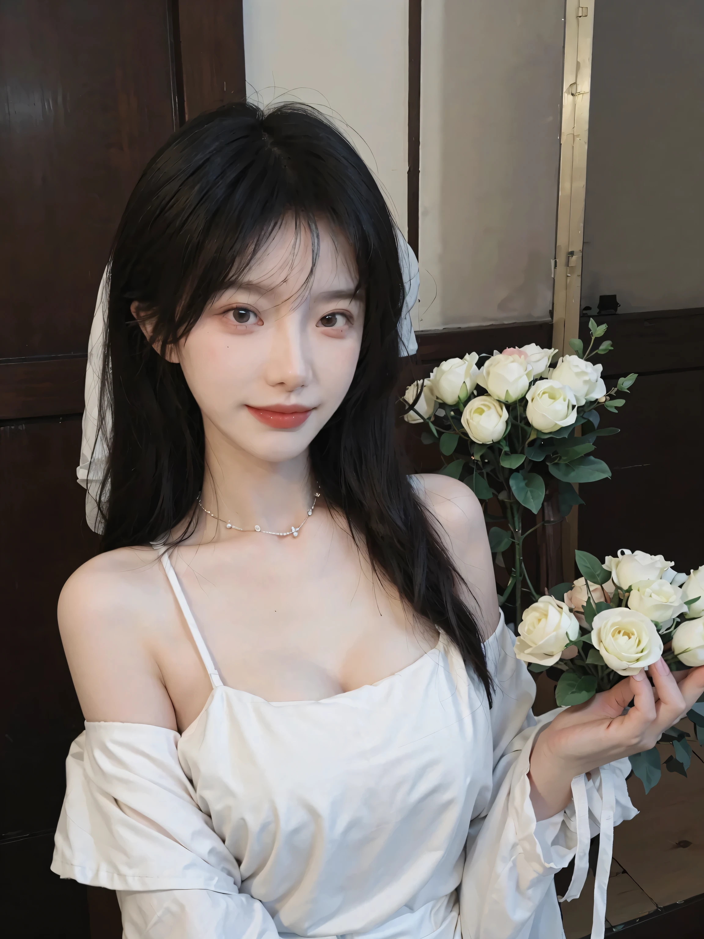 Portrait photography,1 girl,White background,Flowers,White JK,Bare shoulders,Lipstick,(Big Breasts:1.6),Shoulder-Length Wavy Hair,Wear a necklace,Headband,serene,calm,(Realistic and detailed eyes,Natural skin texture,Realistic facial details),