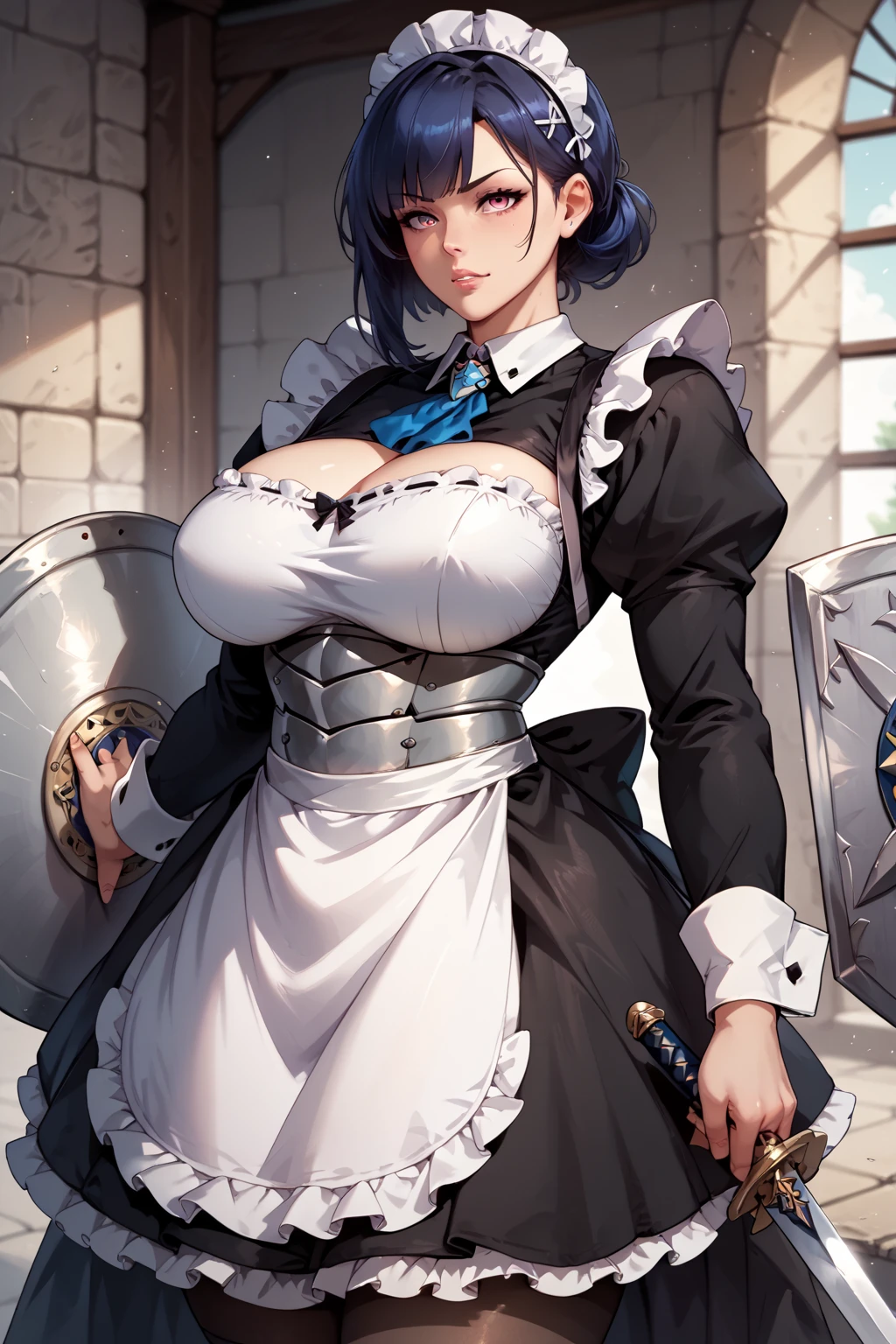 Striped hair, french braid, mismatched pupils, Chiaroscuro, back lit lighting, Gothic art, 16k, Best quality, Anatomically correct, High details,cavalier,holy paladin,Leather bandages,Metal chains,huge tit,((Pubic bone)),Heavy armor,Gorgeous armor,bikini armor,prengant,Pregnant women with,((prengant))