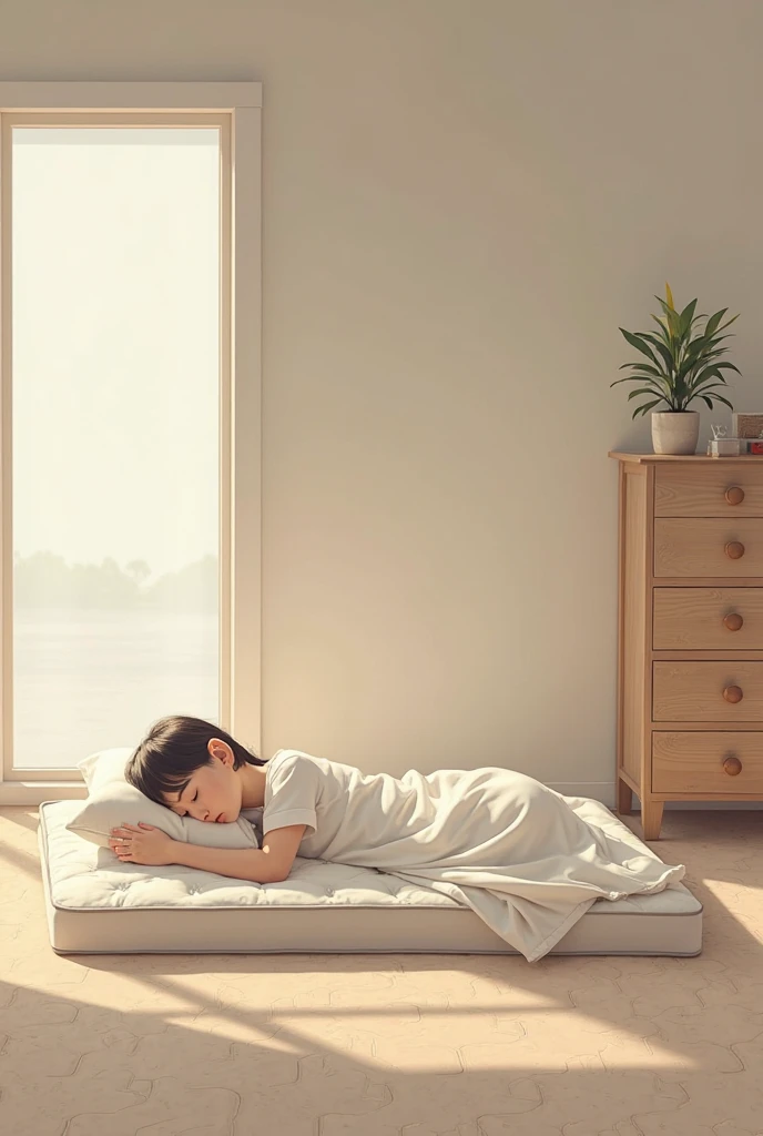 a chinese young boy, 6-years old, sleeping in wooden bed, full body front/top view, white shirt and blac shorts, arms and legs open