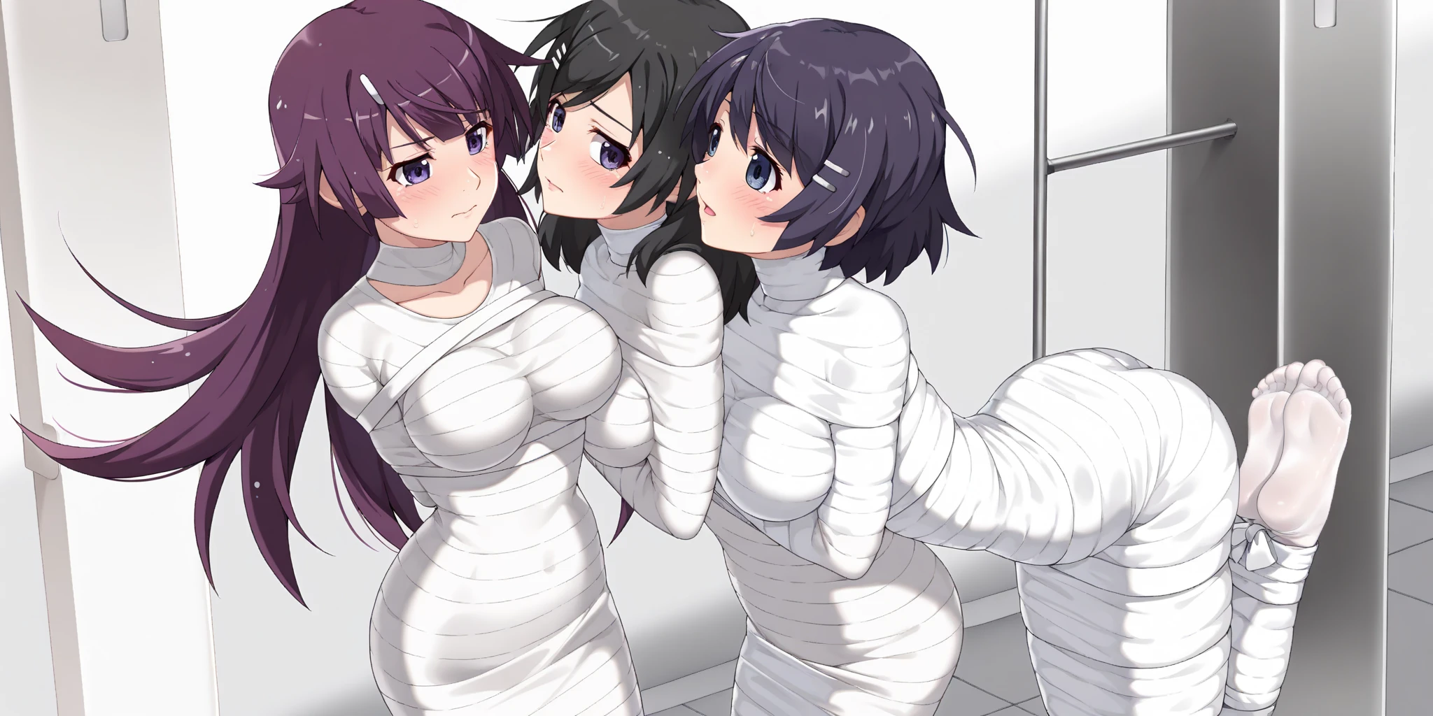 <lora:spider_web_v0.1:1>
multiple girls, (spider web:1.1), (silk:1.0), restrained, suspension, deep skin, dark, horror, skindentation, shock, cave, silhouette, cocoon, 
<lora:coils_v0.1:0.5>, masterpiece, best quality, highly detailed