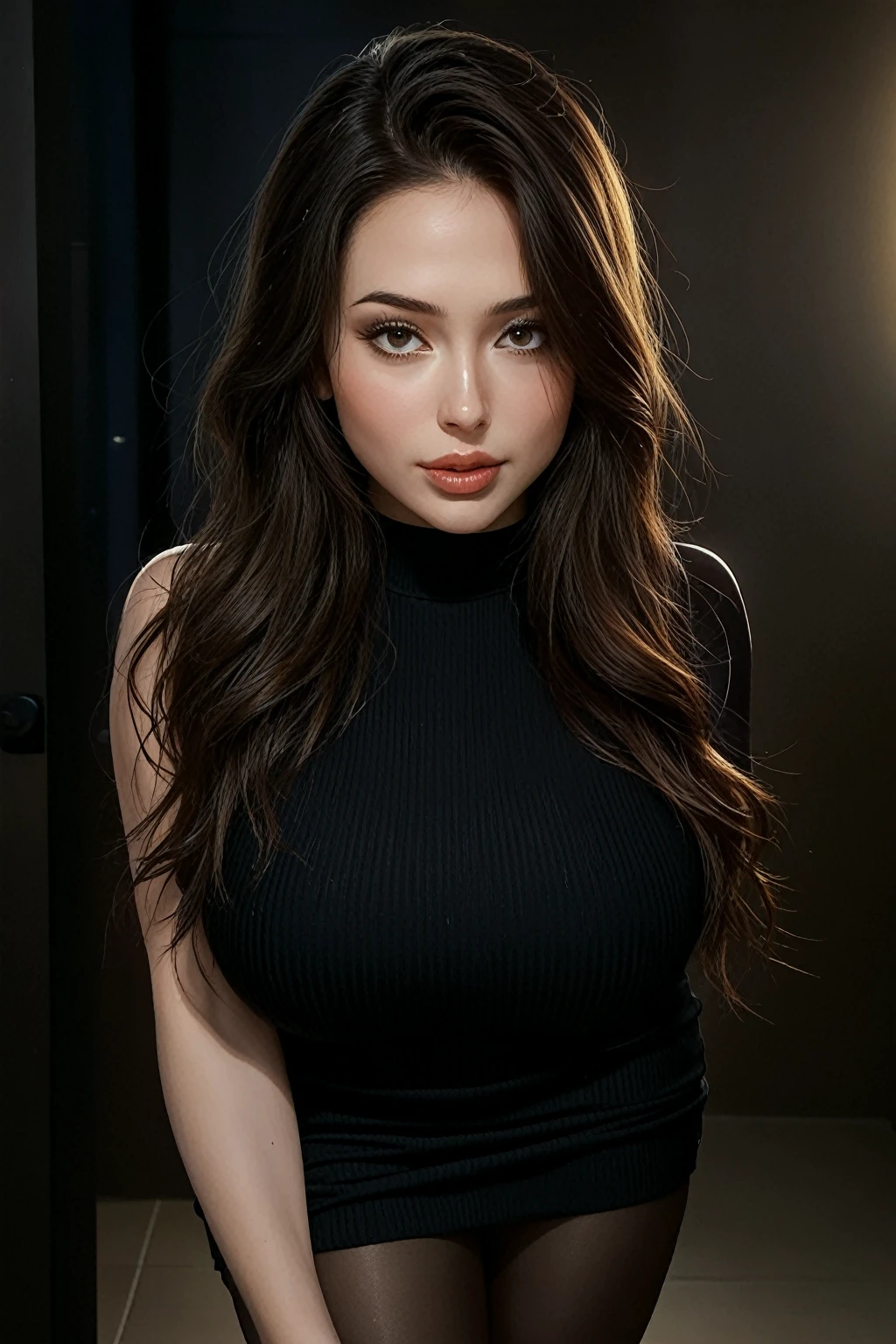 full body masterpiece, ultra realistic, 16k, high quality, incredibly detailed, dream aesthetic, dream atmosphere, cinematic, (sharp focus : 1.5), (photorealistic : 1.3), gothic (Gorgeous gothic girl), Megan Fox (2008), defined jaw, square face, wonderful gothic girl (enchanting seductress), cinematic, detailed, 16k sharp focus, realistic. wonderful. Seductive (evil). black hair (realistic texture), highlighted, silky and shiny hair, detailed hair (realistic), (natural). wonderful detailed face (enchanting seductress). blushed cheekbones (rosy cheeks), tanned skin, (white skin) alabaster skin that seems to glow ethereally. Her attire is gothic. Voluptuous shape. turquoise blue eyes (evil eyes look). a symmetrical face ::2 gothic clothes + ArtStation Trends + fantasy art + realistic cloth + fractals in the background, loose hair --aspect 9:21 – enhance your unearthly beauty. realistic skin texture, pale white skin illuminated. realistic perfect shading. absurd, realistic textures. alone, alone, 1 girl. Looking at the viewer. muscular female body, hot body, toned body, defined muscles. big natural breasts, cleavage. pantyhose, gothic (black) dress (realistic texture). In different positions at different angles. Bedroom background. incredibly real, best quality, photorealistic.