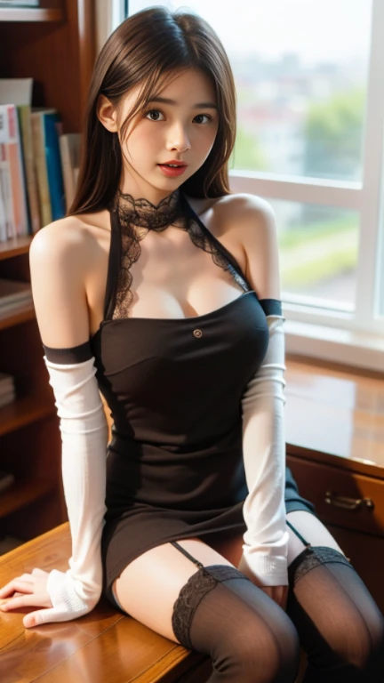 ((top-quality、8K、masterpiece:1.3))、。 40k、a picture、masterpiece、top-quality、、((Girl with gray eyes、She has a beautiful face))、(8K, Raw photo, 超A high resolution, Best Quality, masutepiece:1.2), (realistic illustration), (Highly detailed CG Unity 8k wallpaper), absurderes,14 yo, japanaese girl,Beautiful face,medium breasts,Brown mephium hair, (Upstyle:1.3), Smile,Delighted, Cheerful,(maid:1.2),Bow,Long sleeves, Black sleeves, dark brown long tights, Maid headdress、very large breast、cleavage of the breast、exposed shoulder、Chunky lips、long lashes、radiant eyes、Tears、Ocean wind、dishevled hair、uneasy、Constriction、A sexy、Erotic、((Moles under the corners of the eyes:1.4))