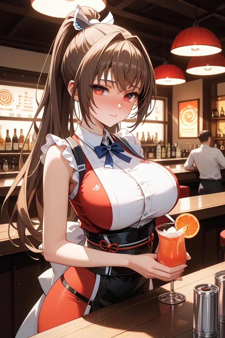 1girl is sento isuzu, sitting,bra lift,nipples,cum on breast,blush,upper body,1boy,standing,penis,handjob