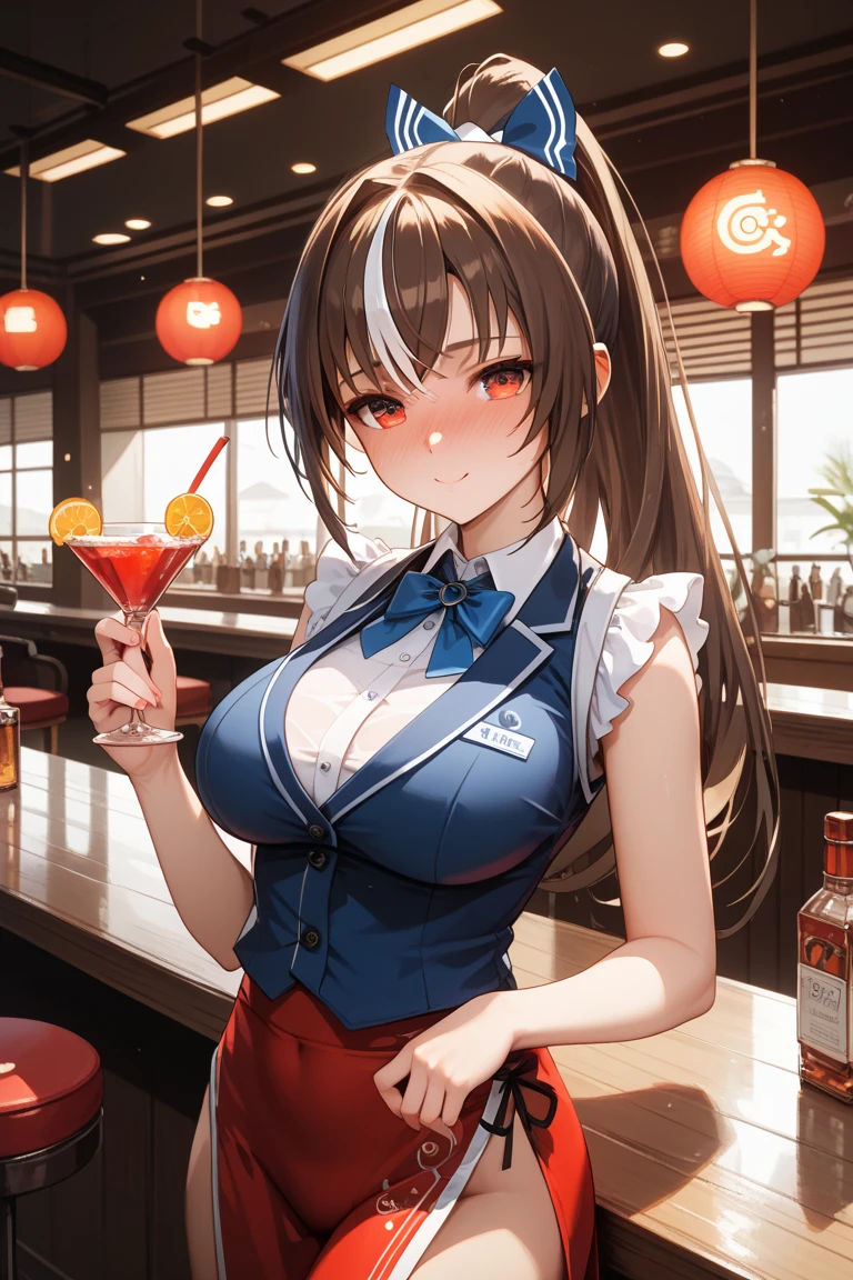 score_9,score_8_up,score_7_up,18 year old,1girl,asuna \(sao-alo\), sword art online,yuuki asuna, brown eyes, brown hair, long hair, bangs, braid,sitting, holding cup, smile,large breasts,brown hair,parted hair,long hair,red dress,halter dress,plunging neckline,center opening,cleavage,navel,earrings,bracelet,people,multiple boys,restaurant,
