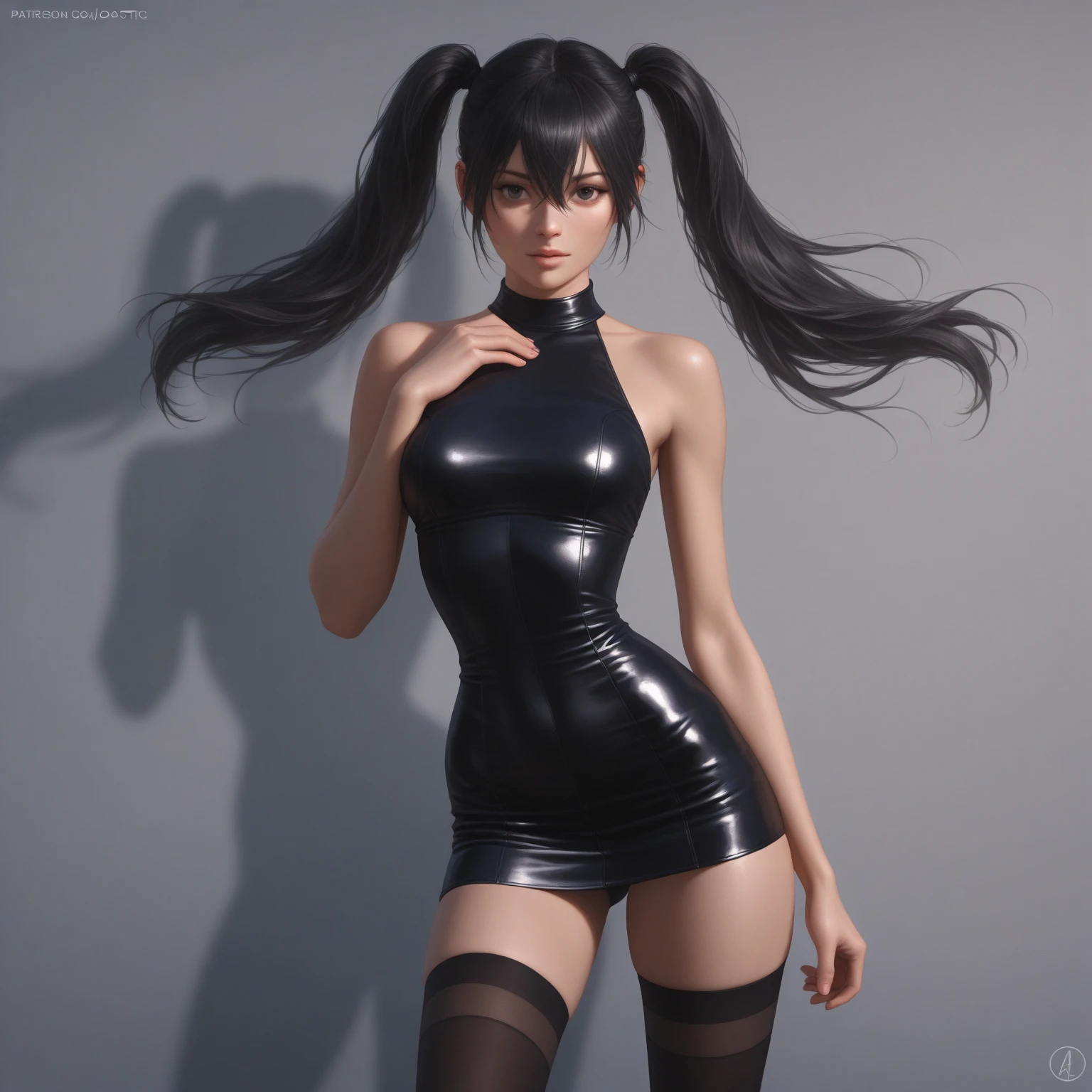1 woman, Same goes for Tosaka.., alone, long hair, tight latex miniskirt, looking at viewer, blue background, black hair, simple background, both sides,, blue eyes, ((Ahegao)), ((whole body)), parted bangs, black ribbon, twin tail, nose, (I spread my legs wide), (Huge), ((Show your pussy forward)), (((whole body))), I stood and spread my legs, (topless), Lift up your skirt, ((show armpits)), ((rolled up skirt))