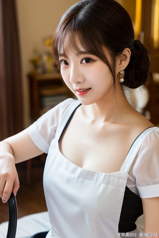 a gorgeous lady, age 16, beautiful detailed face, beautiful detailed eyes, beautiful detailed lips, long eyelashes, symmetrical face, youthful smooth complexion, short ponytail hair, slender figure, well-endowed round bosom, friendly approachable smile, dimples, confident poised demeanor, white short-sleeve blouse, cute Snaggleteeth, plaid mini-skirt, resting on bed at night, dark hotel room, drenched from heavy rain, nightsky background blurred with bokeh effect,(best quality,4k,8k,highres,masterpiece:1.2),ultra-detailed,(realistic,photorealistic,photo-realistic:1.37),HDR,UHD,studio lighting,ultra-fine painting,sharp focus,physically-based rendering,extreme detail description,professional,vivid colors,bokeh background 