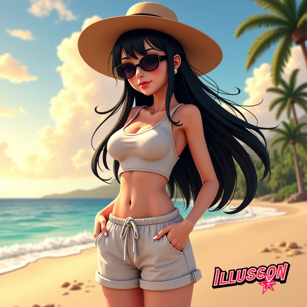 Loli linda chica negra, Cabello atascado, cabello suelto, big tits, Accesorios modernos , gafas, Ojos detallados, Sonrisa detallada, With a white swimsuit, Detalles detallados, holographic,  Fondo claro y simple