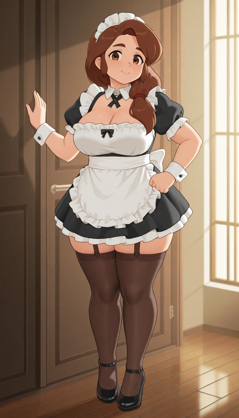 Mature maid, milf, 45 years, mature woman, brown hair with few gray hairs, slight wrinkles, voluptuous body, studio lighting, huge thighs, delicious thighs, thigh high stockings, huge hips, detailed face, detailed background, 4k, huge ass, shiny skin, short hair, tanned skin, flirty face, blushing look, with glasses, abdomen with rolls, voluptuous body, huge tits, tight maid outfit, short skirt, huge cleavage, final, in the room of the house. with glasses, high stiletto heels, flirtatious smile. pubic fleece