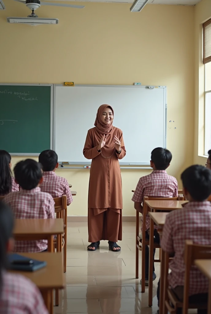A photo of a meeting between the parents and the teacher also students muslim inside a classroom. The room is filled with desks and chairs. The walls are adorned with educational charts and decorations. A whiteboard is visible in the background. The floor has a patterned design.