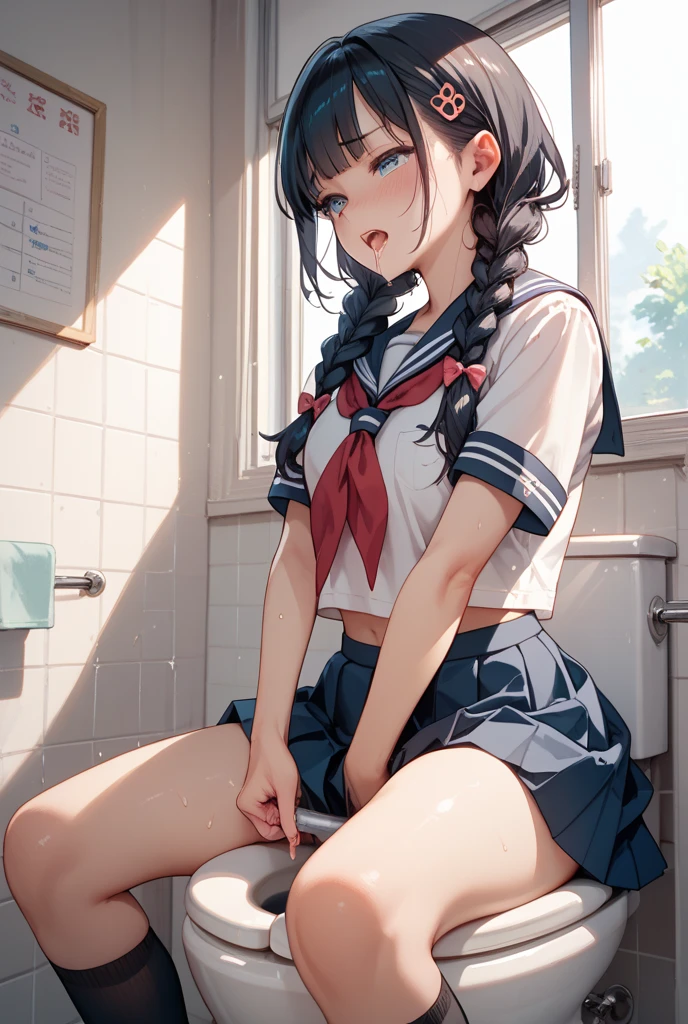Highest quality, Super detailed, masterpiece, Ultra-high resolution, 8K, Embarrassing, blush, Lovely, Close one eye, With tears in her eyes and her mouth open, drooling, (arms behind head), wariza, (off-shoulder sailor uniform, micro mini skirt), cleavage out, crop top navel, 1girl, jinno megumi, eromanga sensei, medium breasts, Absolute area, Waistline, (Shower room, I take a shower)