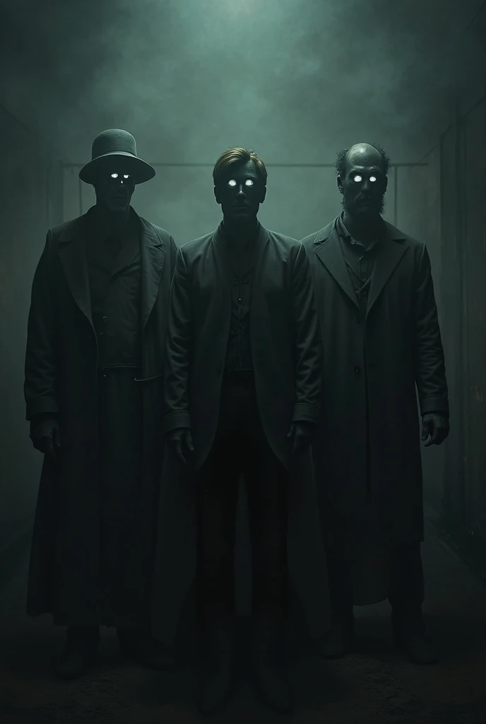 a group of 10 people who only see their shadows, that they are adults with clothes from different periods, and in the middle of all there is a young man, with red eyes, with a foggy background, use the same style as the previous image, But remember that everyone has to be an adult., and with clothing from different eras 
