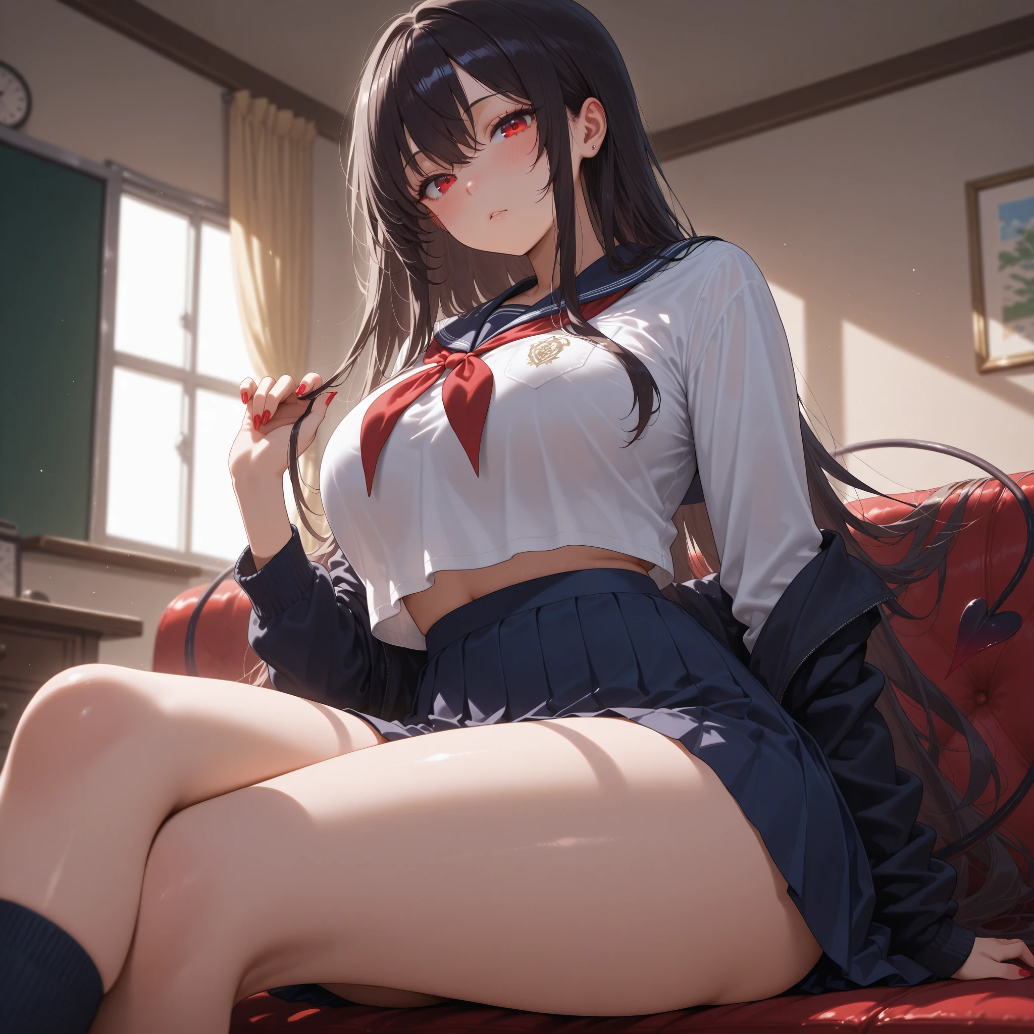 (Masterpiece, top quality, high resolution, realistic photo, realistic looking skin:1.1),
(Woman is sitting on a sofa in an apartment living room:1.5),
(Her skirt is short and her panties are visible: 1.5),
(She is looking at the viewer from slightly above the front, so you can see her panties: 1.5),
(She has a smiling expression: 1.5),
(She looks a little bit quiet: 1.5),
(She is wearing a dark blue long-sleeved V-neck knit: 1.8),
(She is wearing a red flared mini skirt: 1.8),
(She is wearing black high socks: 1.8),
(panties are white satin fabric with a glossy look:1.5),
(She has long black hair: 1.5),
(Location: apartment living room sofa:1.5),
1 Japanese girl, solo, full bodied esbian, beautiful eyes, glowing eyes, glowing thighs, NSFW