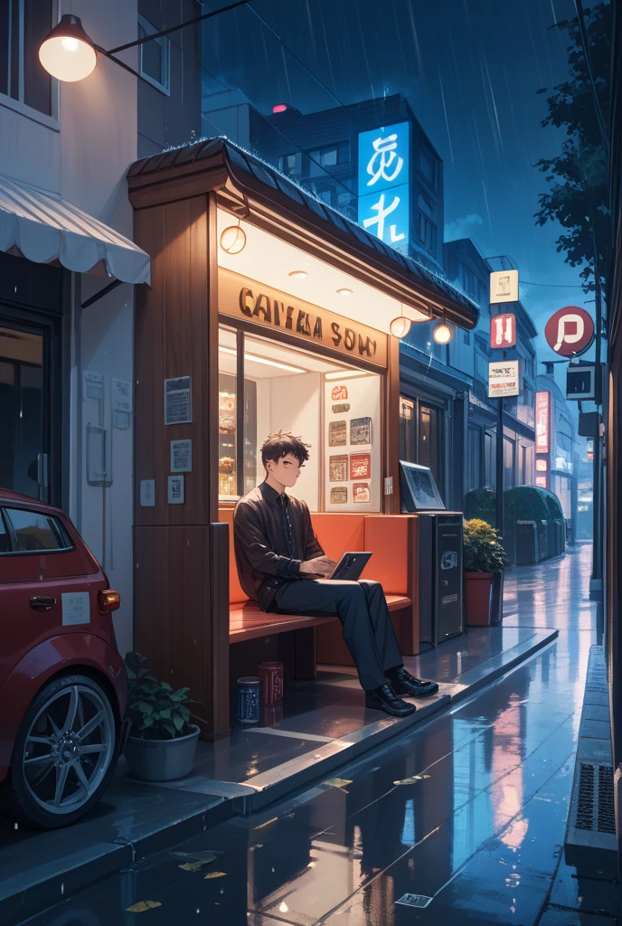 ,Masterpiece, Best quality,8K, 超高分辨率,Man walks aimlessly down the street,Oncoming passers-by hurriedly avoided,He seemed to feel the atmosphere of sadness emanating from him。。He walked into a coffee shop in an alley。,The interior of the store is dimly lit,Soft music echoes in the air。The man sat alone at the corner table,A cup of cold coffee lay quietly in front of him,Steam rises,As the sadness in his heart continued to permeate。