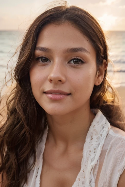 A photorealistic portrait of a 19-year-old espagnol girl with long, flowing dark hair and striking dark eyes. She should have a natural, approachable expression and be illuminated by soft, golden-hour sunlight. The background should be a scenic outdoor setting, perhaps a sunlit park or beach. Capture this image with a high-resolution photograph using an 85mm lens for a flattering perspective. play football, play video game , pose