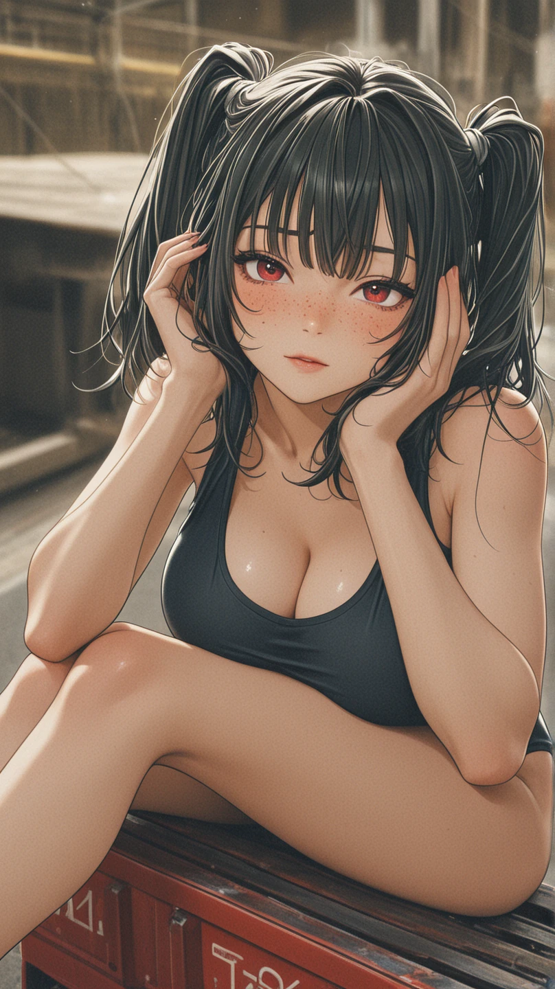 Girl ,anime , sportsman, showing the bra ,
black fur