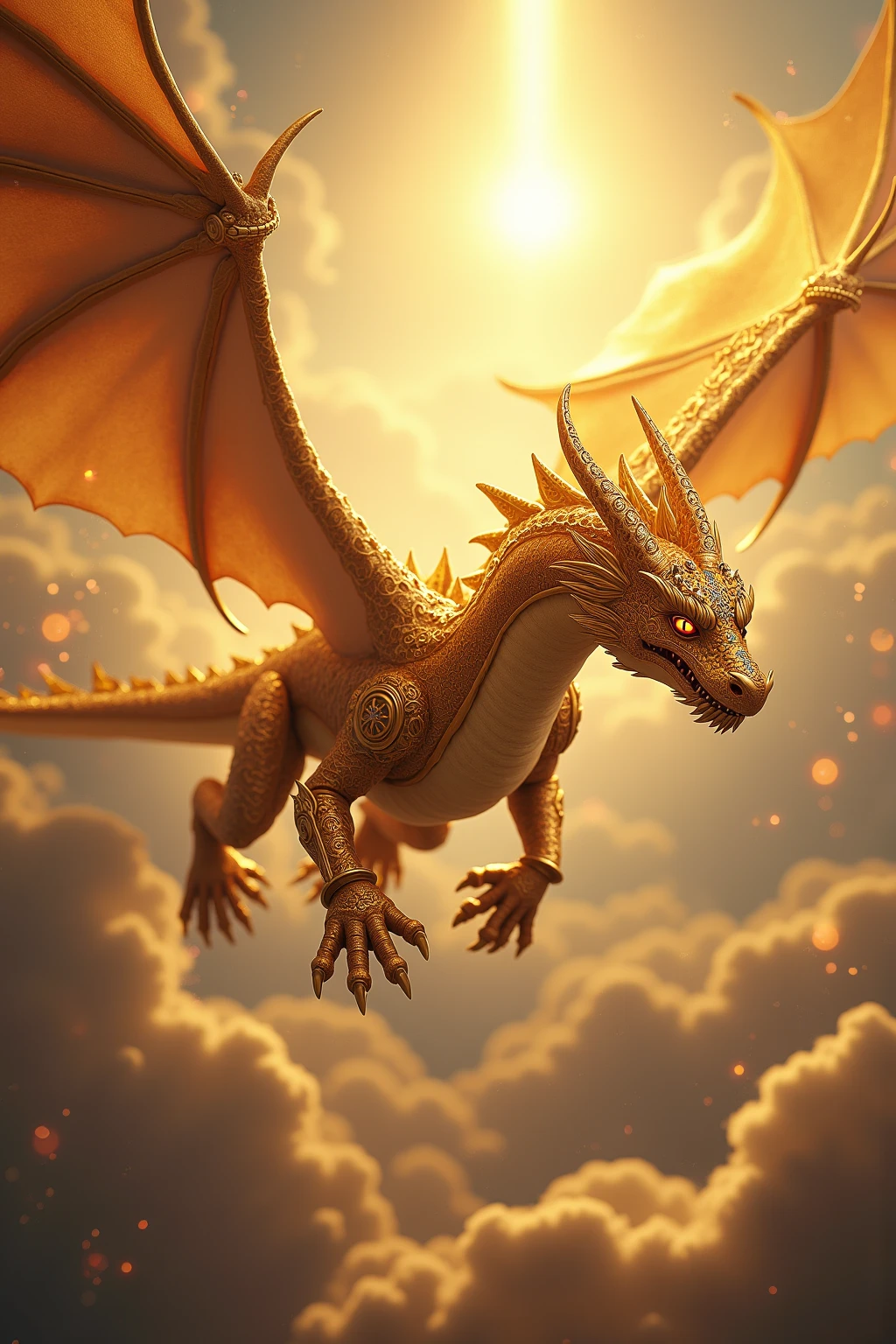 Golden Tenryu，Intense red eyes,Close-up shot of blood coming out of the nose.,Chest scales,High quality,8ก,Lots of details,Fire lettuce,Alas!,4 legs,Spotted claws,gold,dangerous,Fire,Sharp teeth,huge dragons,Bigness,threaten,Tax collection,Flying in the sky