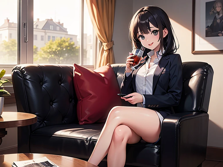nobara kugisaki,teacher uniform,cafe, sitting on chair, glass table,drinking coffee,sexy, crossed legs,white heels, large breasts ,ftont look, mocking smile,seductive face,red nails ,messy hair, pleasure face,smiling, detailed face, detailed eyes, coffee in her hand