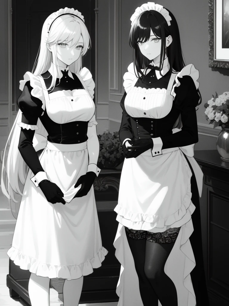there are two women in costumes standing next to each other, fancy silver dress, maid dress, latex dress, latex outfits, historical baroque dress, french maid, high quality costume, cosplay of a catboy! maid! dress, satin silver, alluring and terrifying, baroque dress, wearing silver dress, elegant glamourous cosplay, wearing a gothic dress