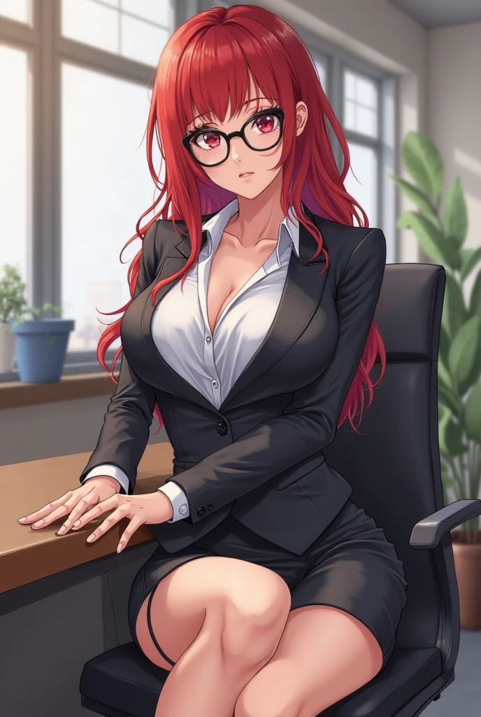 nerdy adult {multicolored hair} {open shirt} pov {leaning forward} {unbuttoning shirt} {office worker} {expressive eyes} miniskirt blush lipstick openblouse