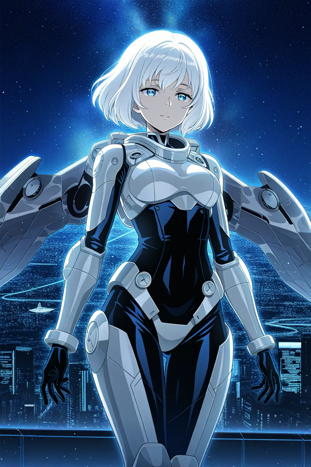 masterpiece, flat chestbest quality},highres,solo,flat_chest,a girl inside the church with white hair and blue pupil surrounded by many glowing feathers in cold face,detailed face,night with bright colorful lights whith richly layered clouds and clouded moon in the detailed sky,a lot of glowing particles,high ponytail,mecha clothes,robot girl,cool movement,sliver bodysuit,filigree,delicate and (intricate) hair,((sliver)) and (broken) body,blue streaked hair,full body,Depth of field, sitting on a blue star