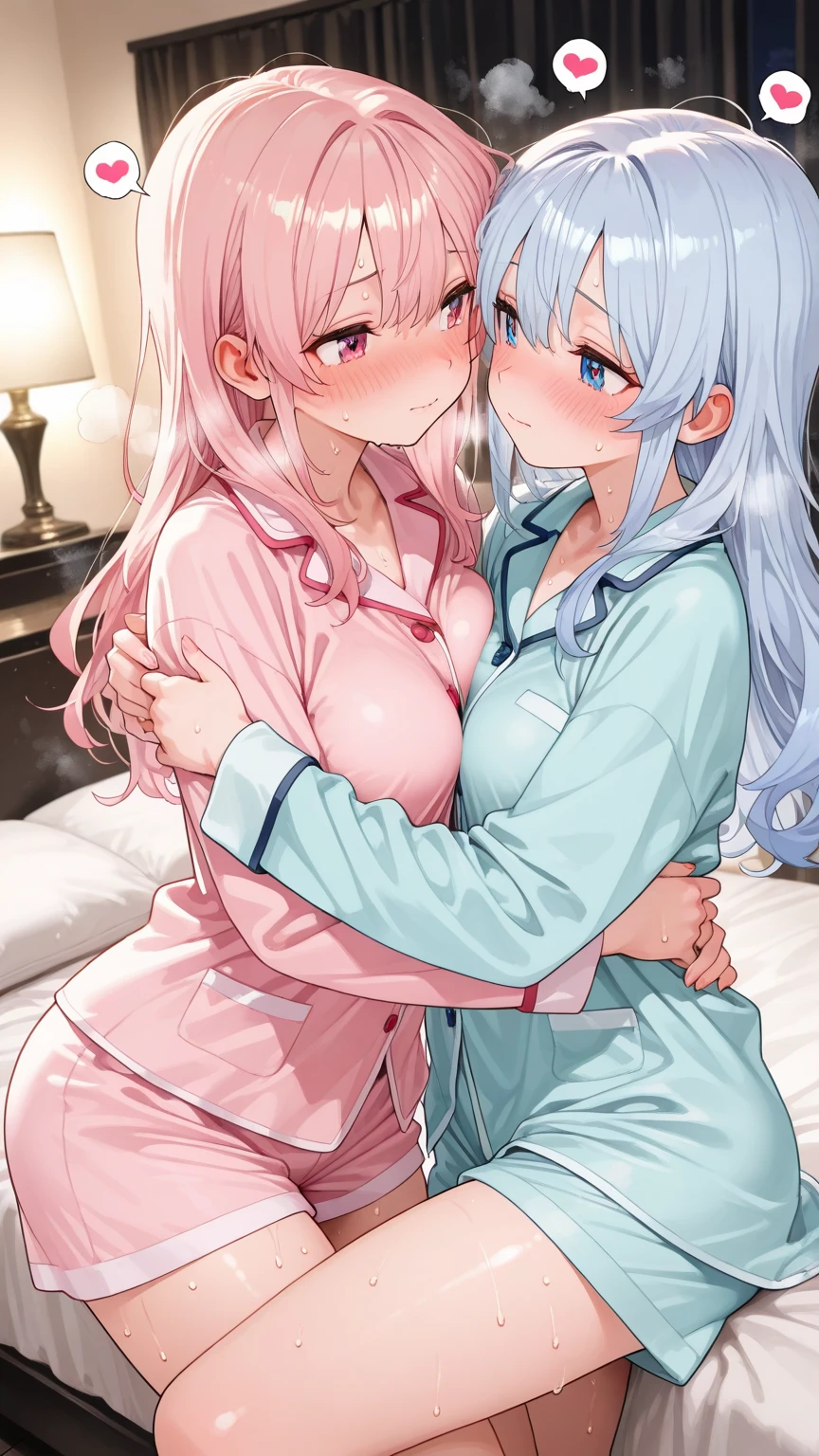 maximum quality、Master Masterpiece、with high resolution、highly detail、only girl、cuddly、Anime、crystal clear white skin、Functional、The whole body、junior high school student、14yo、(Hair color is shiny light pink)、Cute summer pajamas、On a beautiful cute bed、Midnight、Clothes are disheveled、While sleeping, both of them extend their tongues and kiss deeply、 erotic、Entwining their tongues with each other, clear soggy mucus dripping from their mouths、Feels、Naughty face