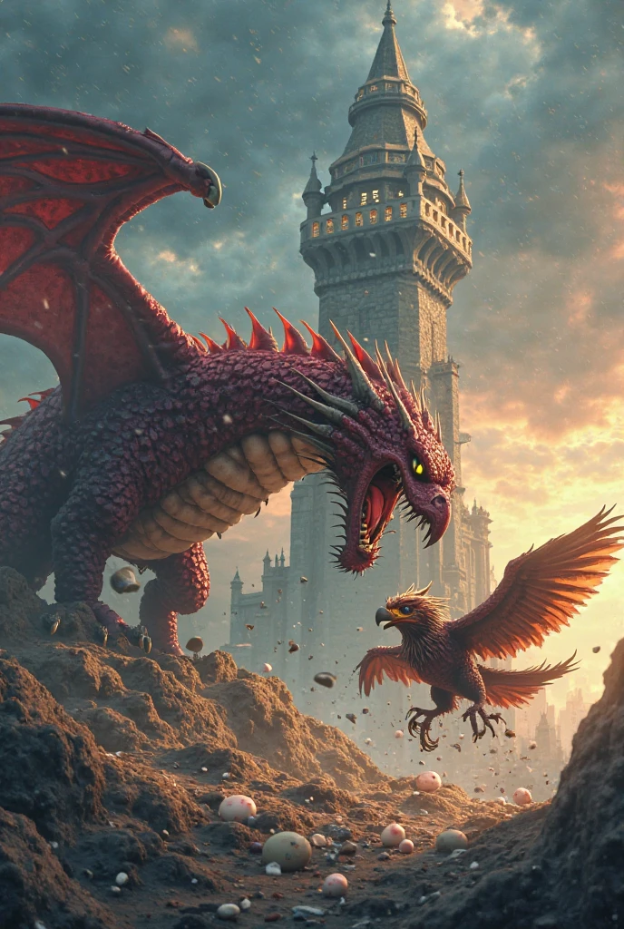 a gigantic red dragon, destroying a city, (best quality,4k,8k,highres,masterpiece:1.2),ultra-detailed,(realistic,photorealistic,photo-realistic:1.37),dramatic lighting, cinematic composition, intricate details, striking colors, powerful, awe-inspiring, epic scale, hyper-realistic, 3d render, unreal engine, volumetric lighting, dramatic shadows, dynamic composition, photographic, matte painting, concept art, digital painting