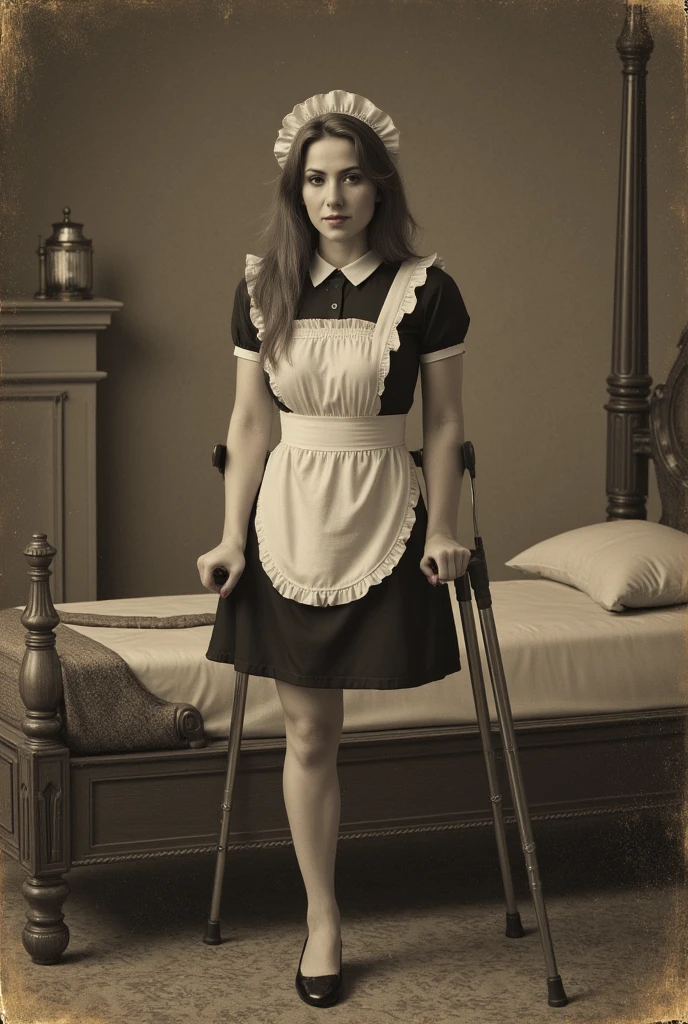 An old black-and-white photo with scuffs and scratches. A little sepia. Highest quality (16 KB, high resolution, masterpiece: 1.cellent detail (realistic, photorealistic image). Ultra-precise focus, Detailed background, Ultra-precise focus, Ultra-high resolution, UHD, extremely high resolution. 
A beautiful one-legged woman on one leg (one-legged), a woman with an amputated limb. Draw the standard proportions of the female body. The woman is 25 years old. Slavic type of face. The long hair on his head is disheveled. A woman dressed in a maid costume.  The black shoes in have a very high heel in the form of a stiletto. 
A woman stands in an Empire-style bedroom. The bedroom is dark. The crutches are on the floor.