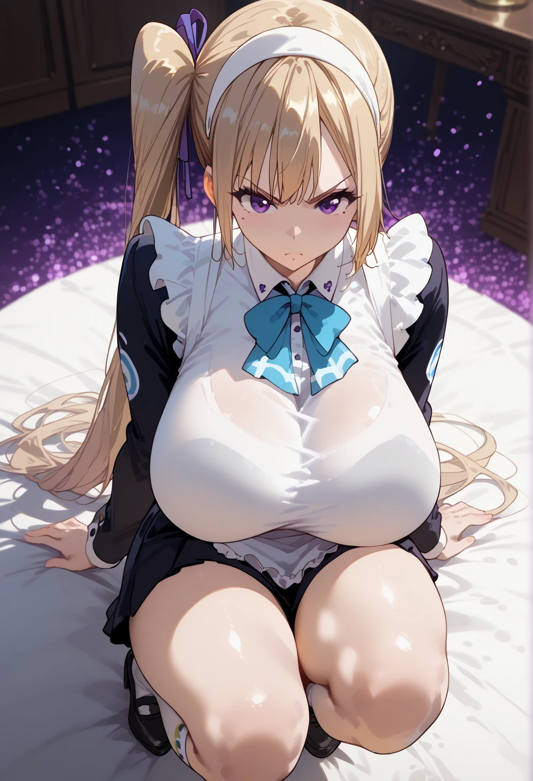 (close up) (full body pose) (breasts squeezed together:1.4) (groping breasts:1.5) (squeezing breasts:1.5) (hands sinking into breasts:1.2) (adult woman:1.2) (topless:1.1) (elaborate beautiful dress:1.2) (amethyst purple chains on wrists) (from above) (amethyst purple halo) (butt exposed:1.2) amethyst purple rose choker, night, dark cozy bedroom, mood lighting, on bed, Absurd, Perfect Anatomy, performance, Good lighting, Shadows in the movies, very large breasts, large butt, thin waist, Long HAIR, (blonde hair), (loving look:1.4), original HAIR style, Dynamic Angle, (detailed face:1.3) (dynamic lighting:1.5), (amethyst purple eyes) (amethyst purple leaf bracers on arms) (amethyst purple leaf hair piece) (elaborate amethyst purple necklace) (purple roses on bed:1.3) (purple roses in hair) (stunning beautiful amethyst purple eyes) (purple magical aura:1.2)