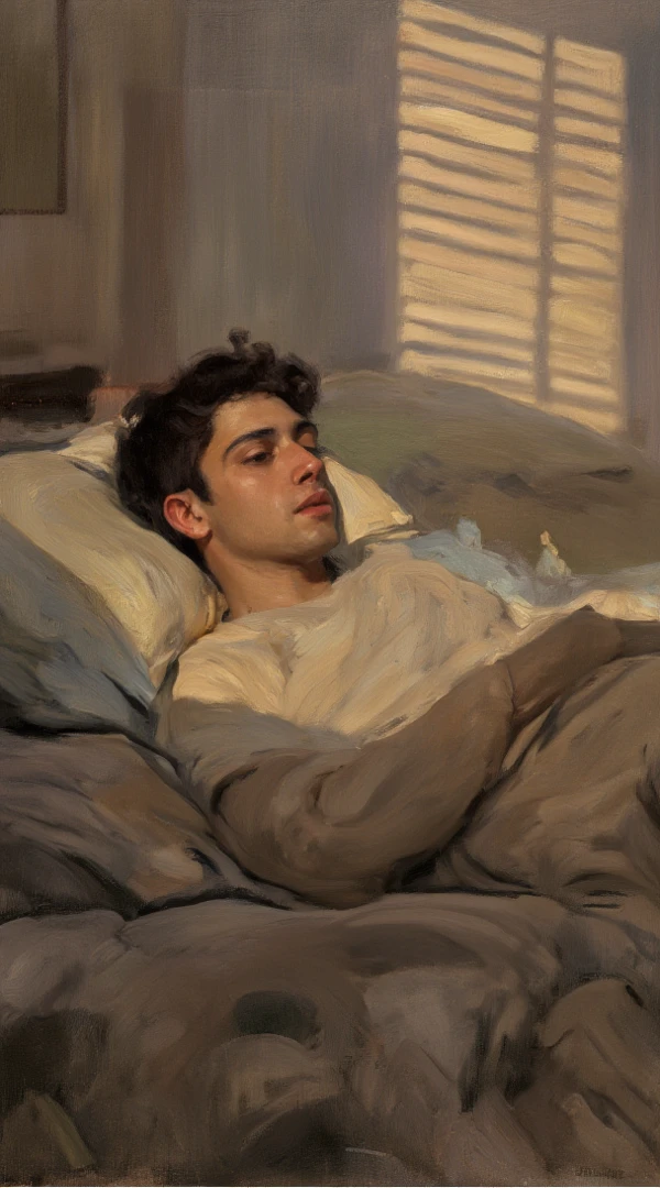 chiaroscuro technique on sensual illustration of an arafed man resting in white blanket, sexy masculine, model with attractive body, inspired by Ludovit Fulla, mid-shot of a hunky, the model draped in flowing, thick oil painting by Harumi Hironaka, extremely soft colors, vibrant, highly detailed, malcolm liepke painting, oil on canvas, high contrast, dramatic, refined, tonal, Create high contrast between light and shadow by Leon Polk Smith, memphis abstract minimal art, graphic shapes, minimal art, blue and red, minimal art style, bauhaus art, inspired by El Lissitzky, bold simple shapes, shadow