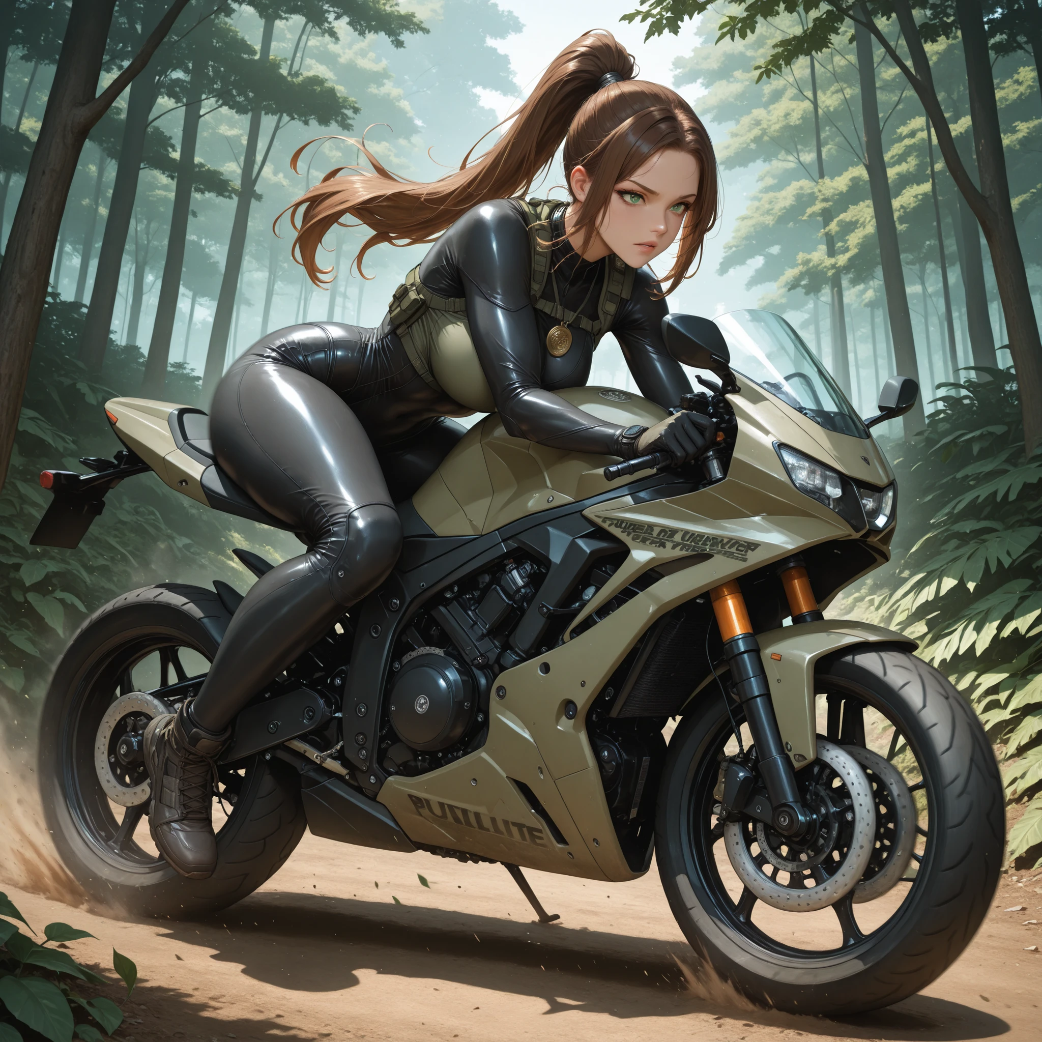 Girl sitting on a motorcycle in the woods, Guviz-style artwork, 8K, 4k wallpaper, Guviz, 8K, Lush John 8K forest, Ilya Kuvshinov. 4 k'', 4k wallpaper